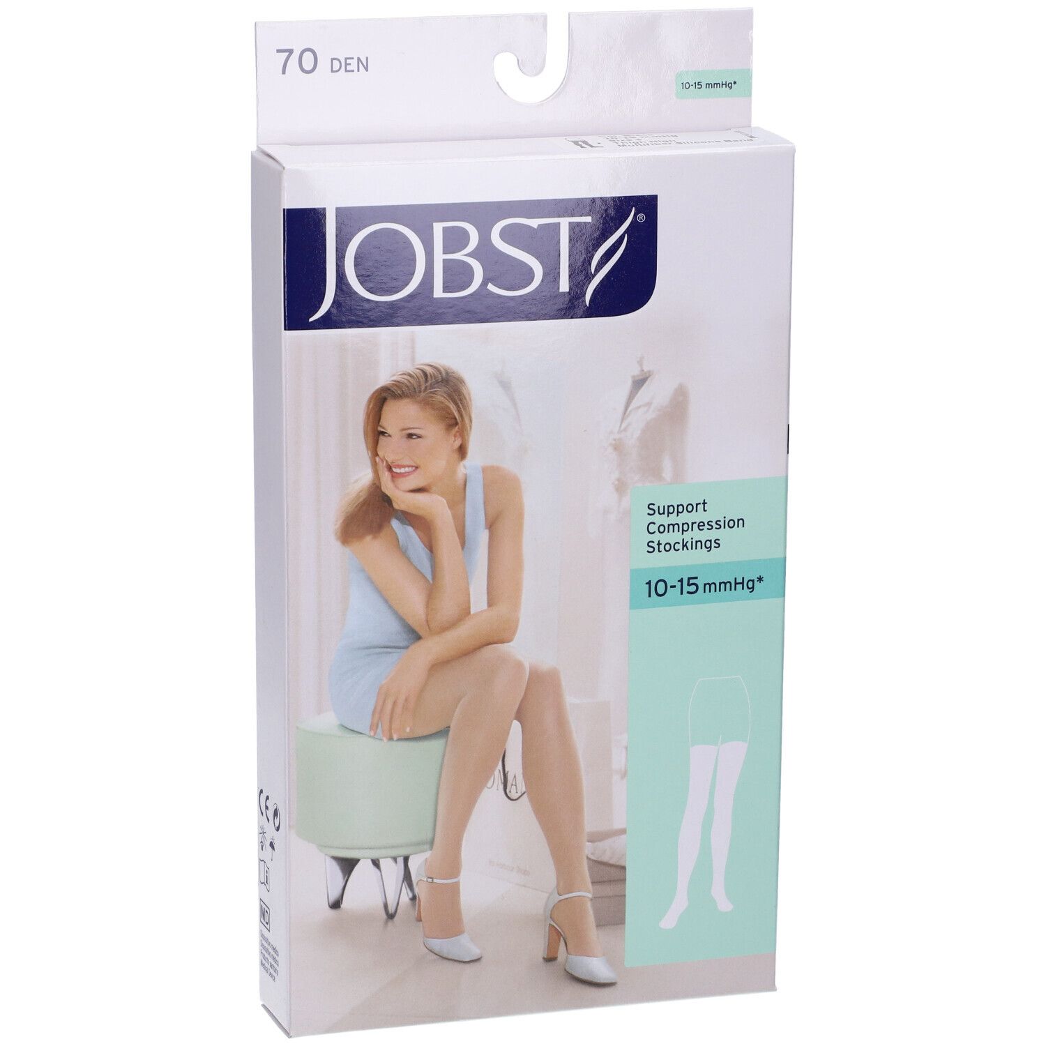 Confezione Jobst. Scritto: 70 Den, 10-15 mmHg. Donna seduta, indossa calze. Illustrazione delle calze.