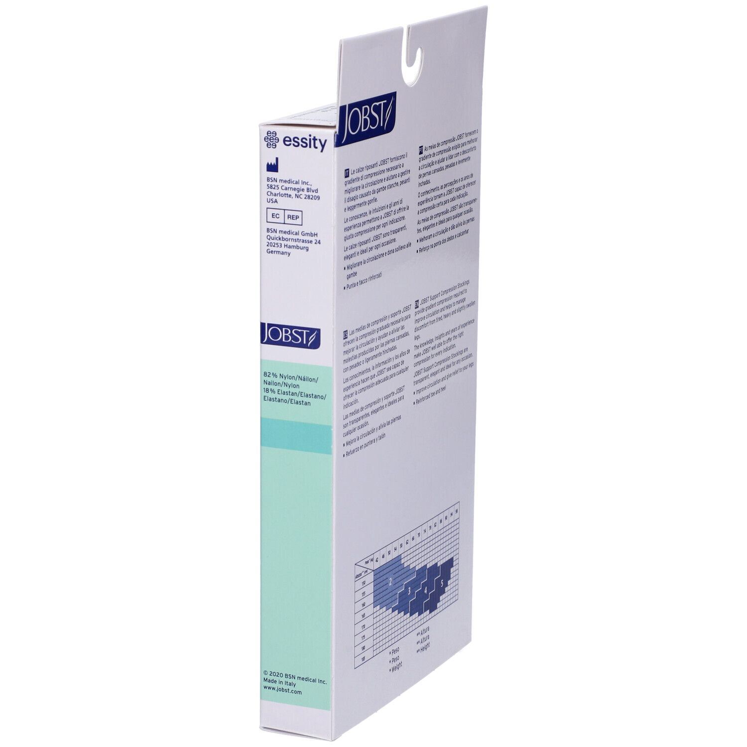 Lato della confezione Jobst. Informazioni prodotto, loghi e certificazioni. Indirizzo del produttore.
