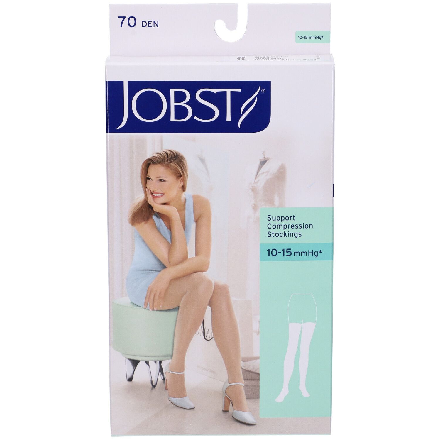 Confezione calze a compressione Jobst. 70 den, 10-15 mmHg. Donna seduta. Immagine del prodotto.