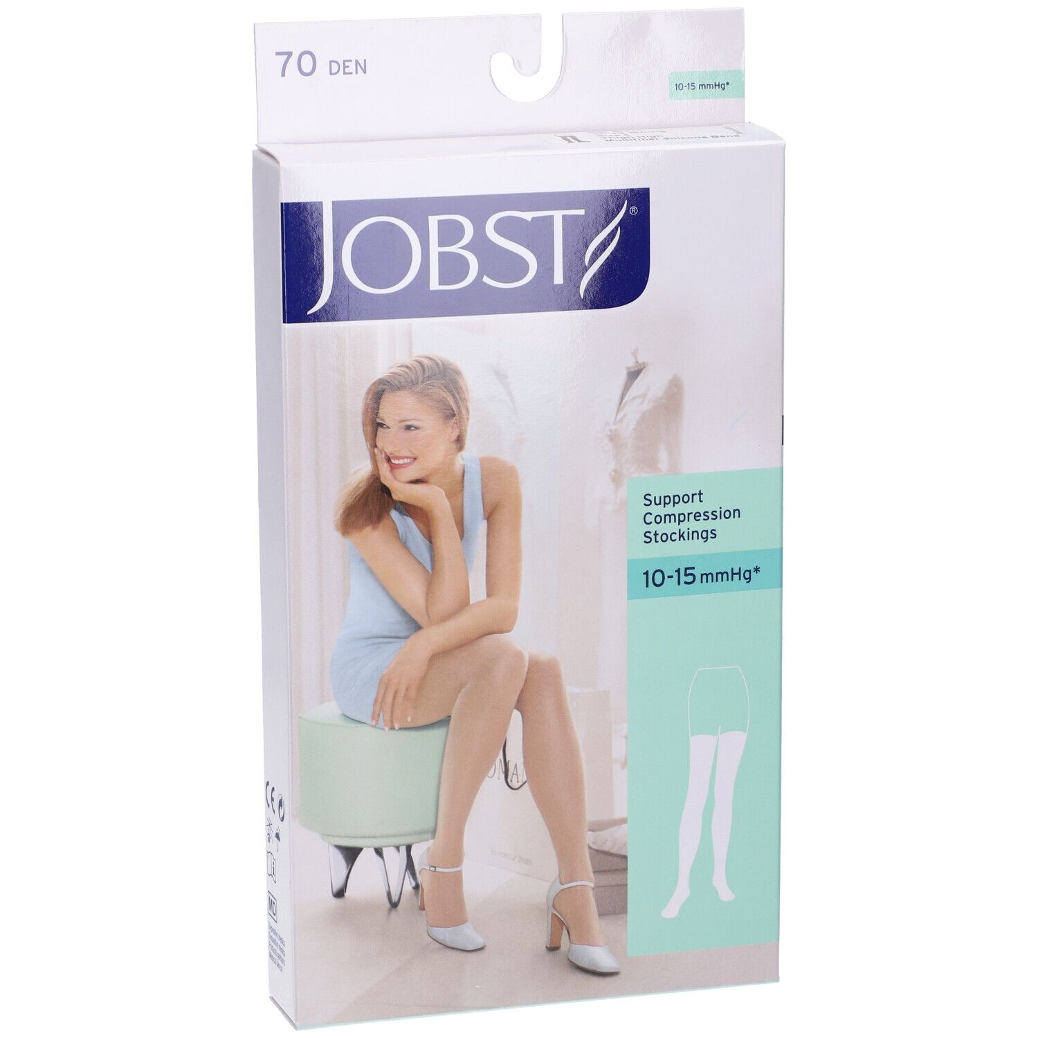 Confezione calze a compressione Jobst. 70 den, 10-15 mmHg. Donna seduta. Immagine del prodotto.