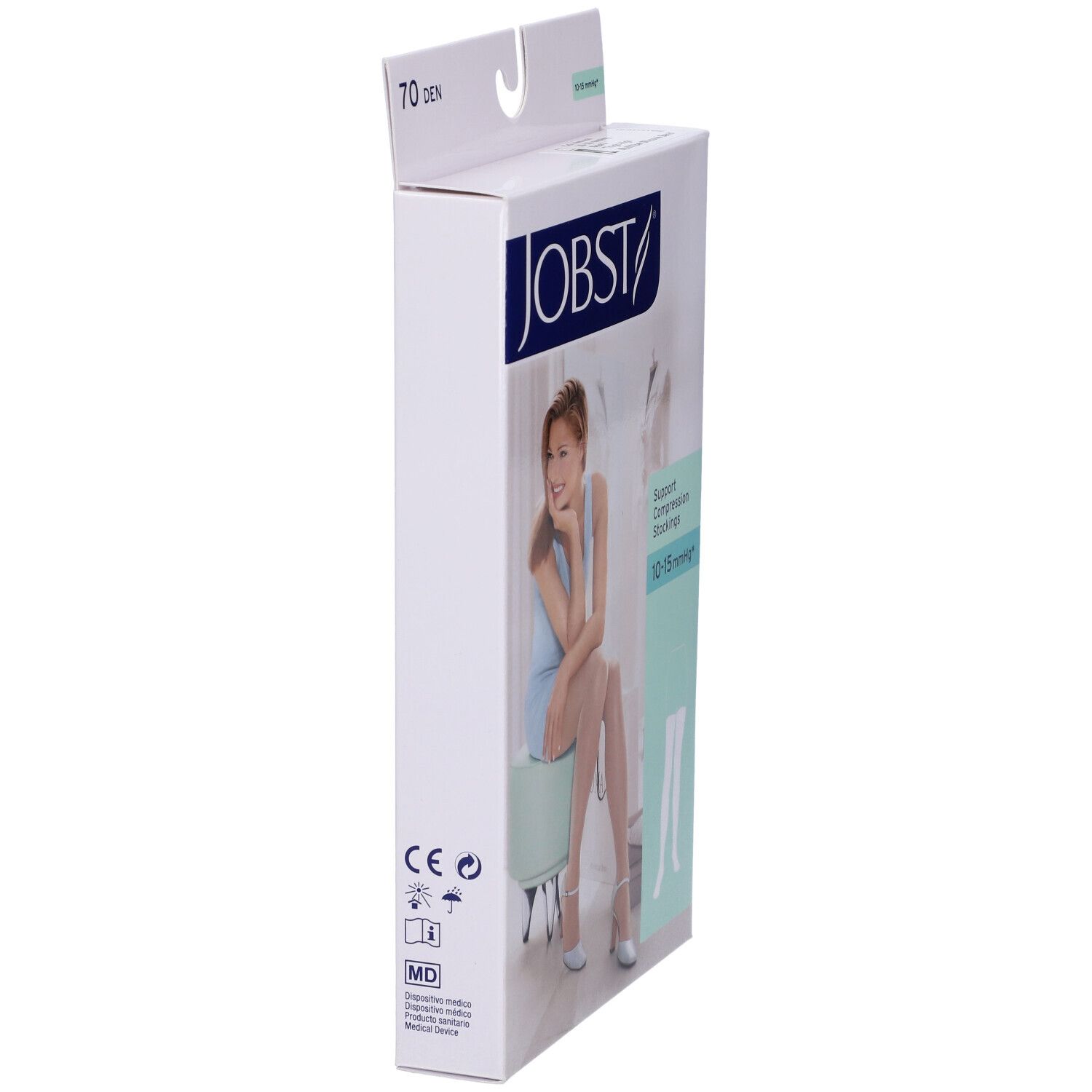 Confezione di calze compressive JOBST. Scritta: 70 den. Donna seduta. Marchio CE.