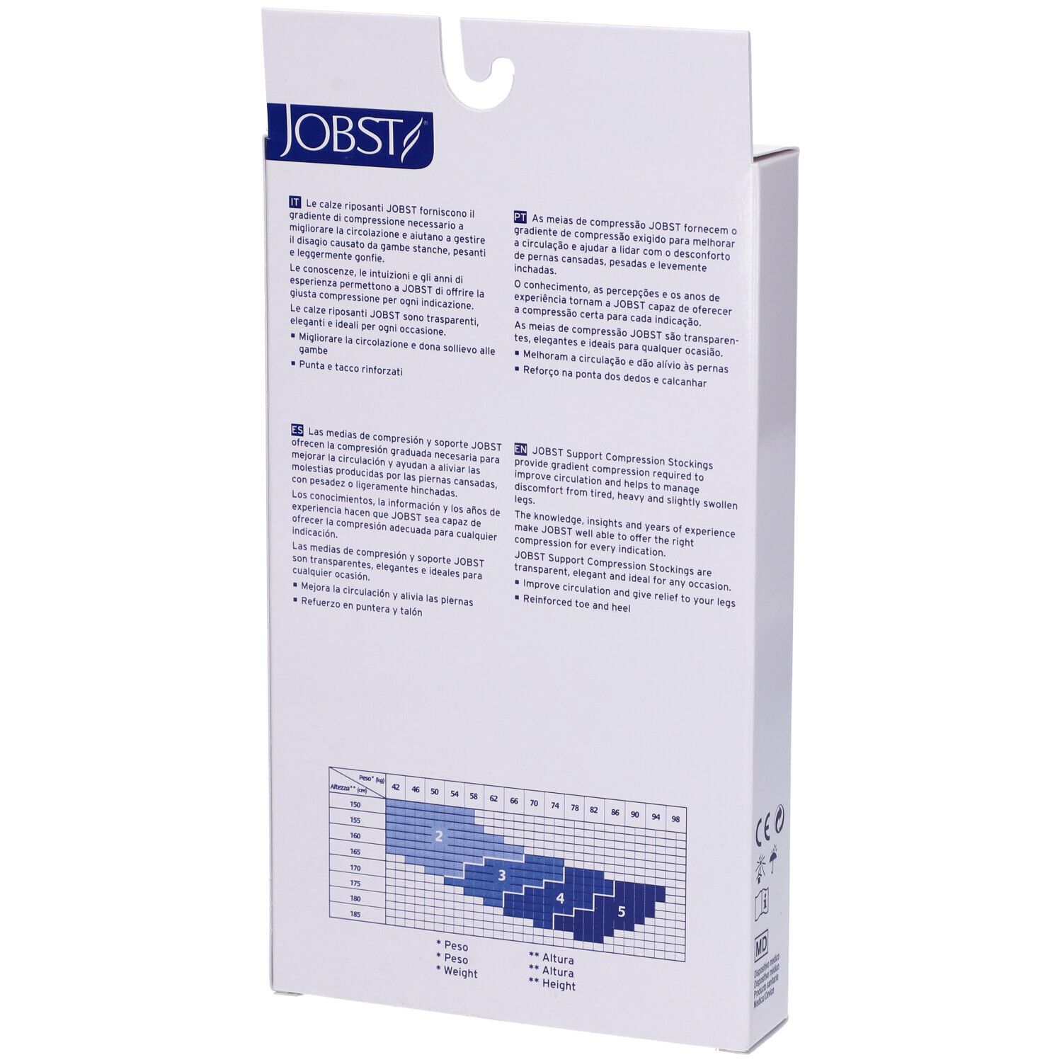 Retro della confezione di calze JOBST. Testo multilingue. Tabella taglie.