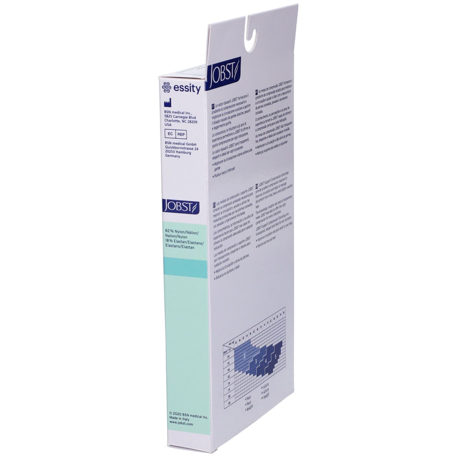 Lato della confezione di calze JOBST. Testo e tabella taglie. Marchio CE.