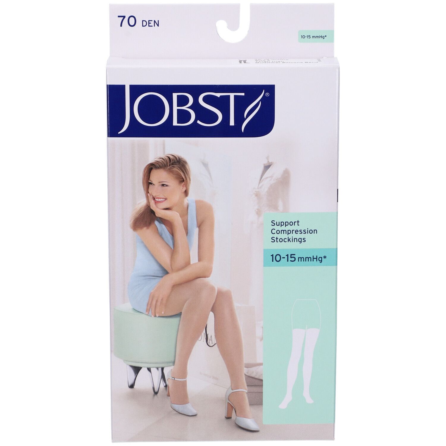 Confezione di calze compressive JOBST, 70 den. Scritta: 10-15 mmHg. Donna seduta su sgabello.