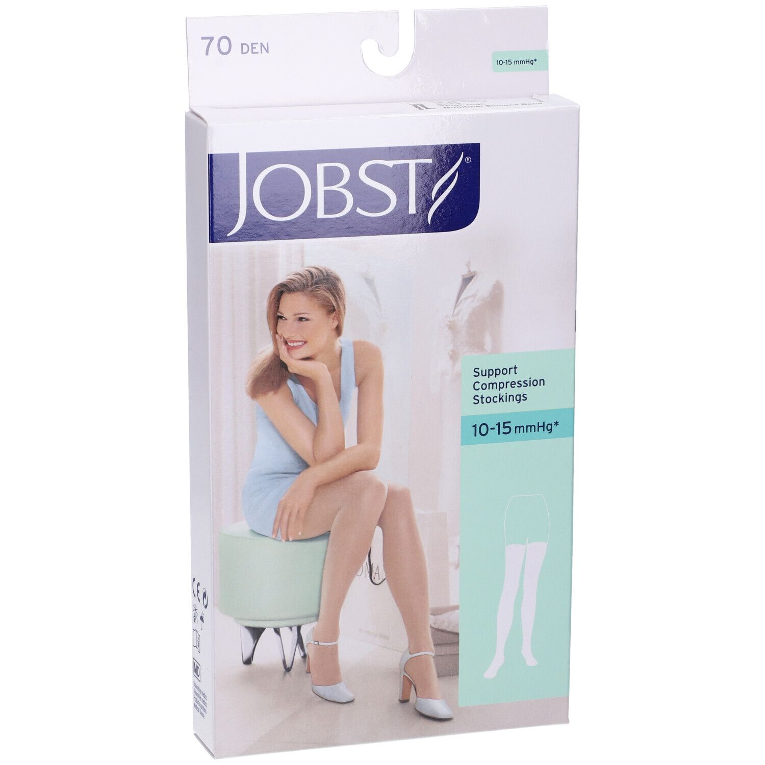 Confezione di calze compressive JOBST, 70 den. Scritta: 10-15 mmHg. Donna seduta su sgabello.