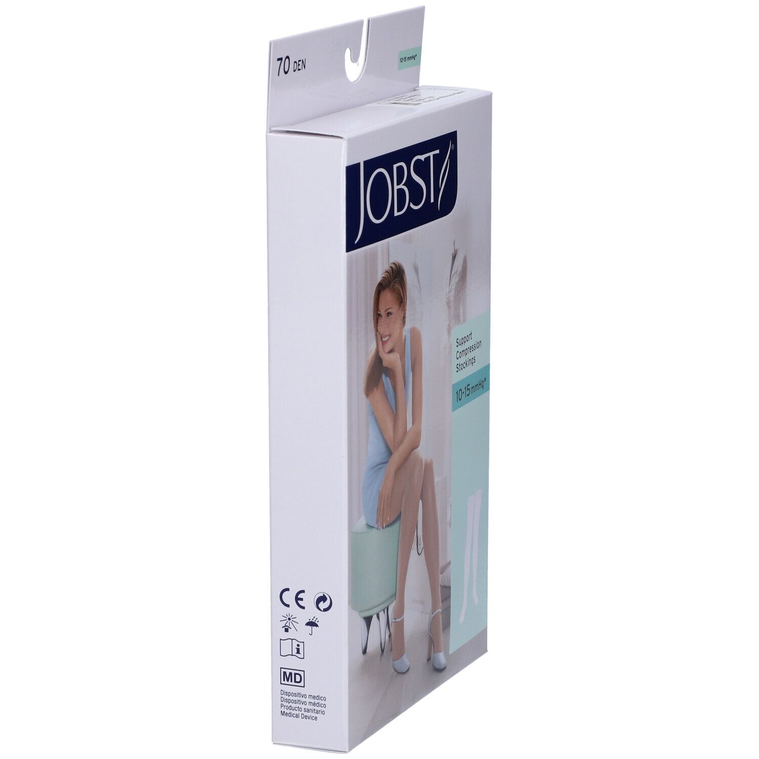 Confezione Jobst Calza Autoreggente 70Den Naturel, vista laterale. Scritte: JOBST, 70 DEN, Support Compression Stockings. Marchio CE.