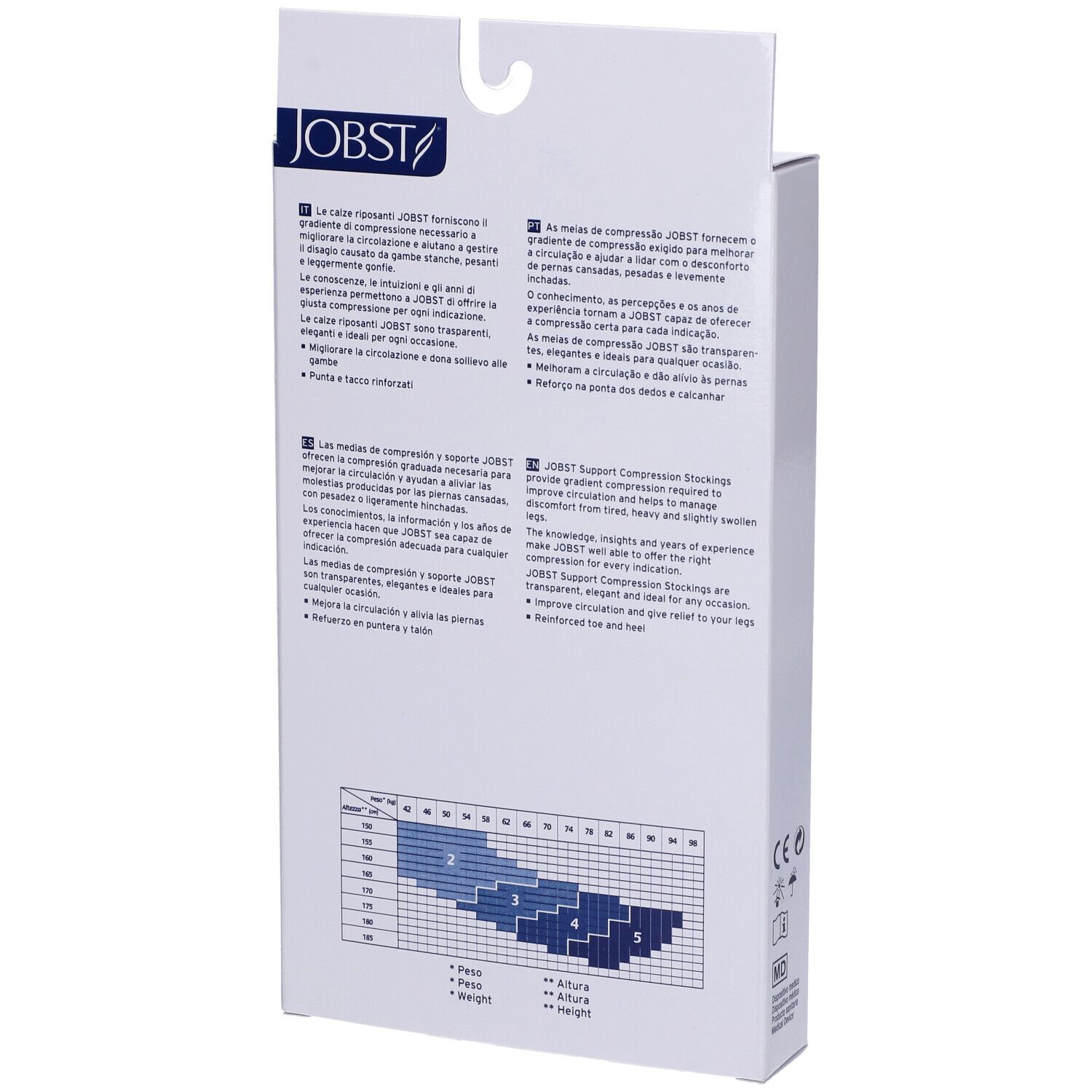 Retro della confezione Jobst Calza Autoreggente 70Den Naturel. Testo multilingue. Tabella taglie per calze compressive.