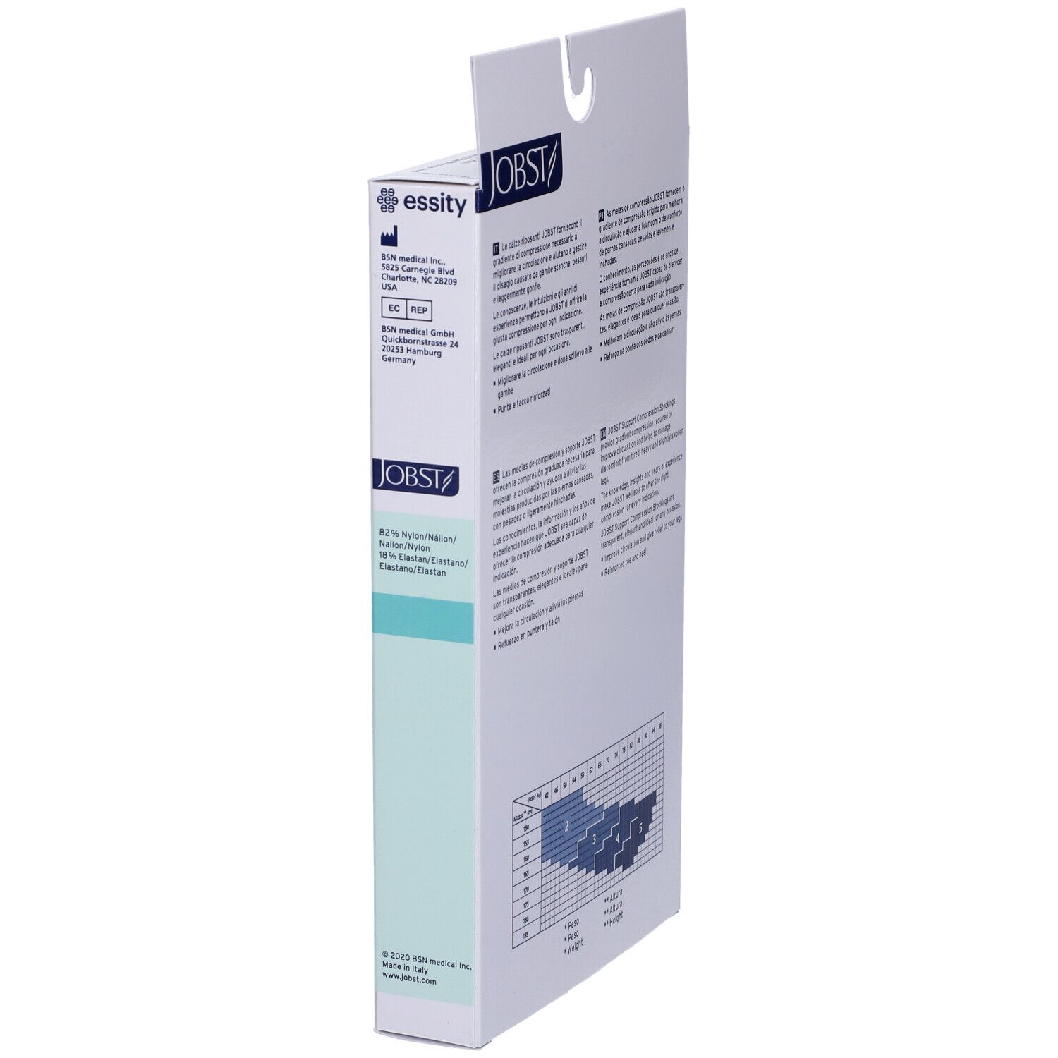 Confezione Jobst Calza Autoreggente 70Den Naturel, vista laterale. Testo e tabella taglie. Informazioni produttore.