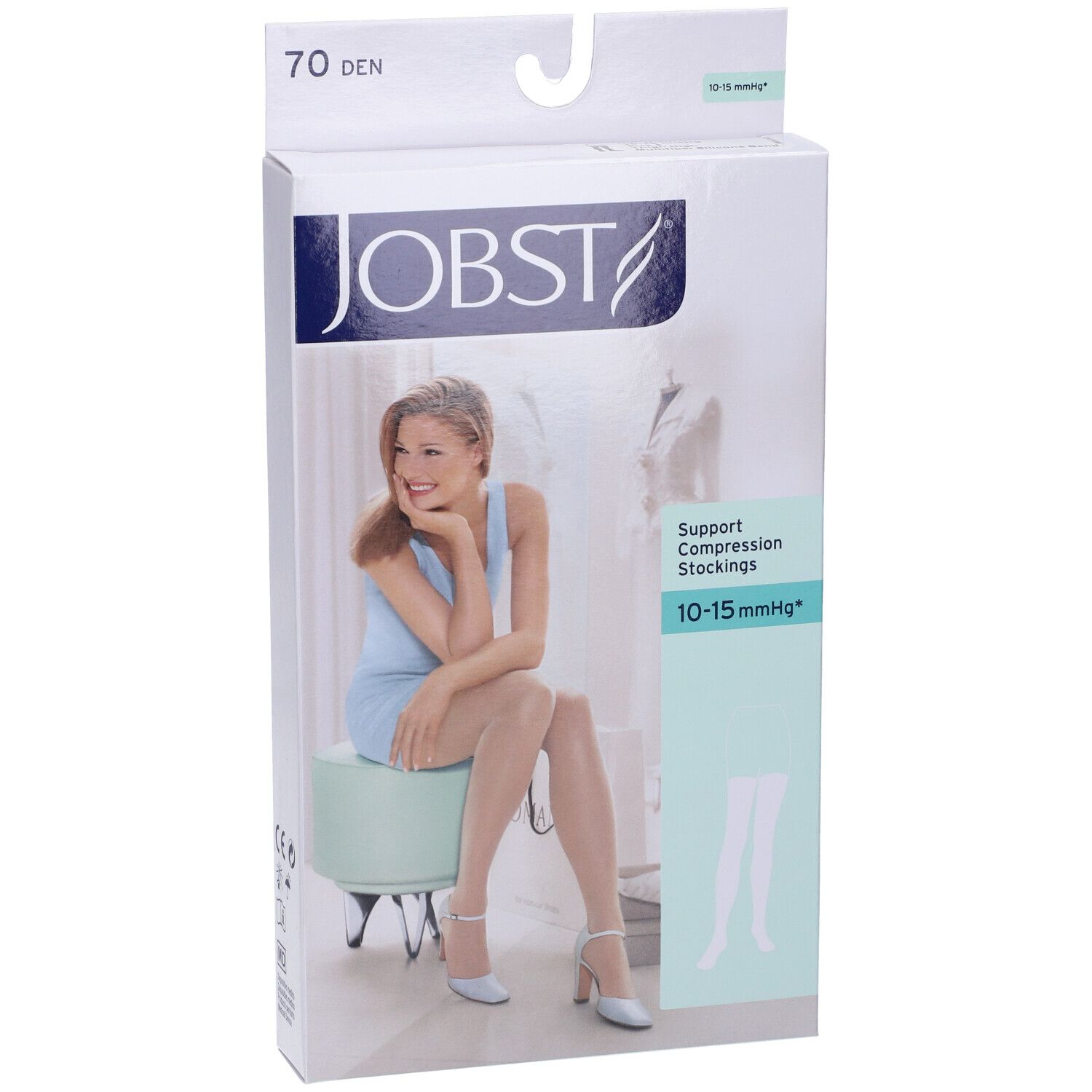 Confezione di Jobst Calza Autoreggente 70Den Naturel. Scritte: JOBST, 70 DEN, Support Compression Stockings. Donna seduta.
