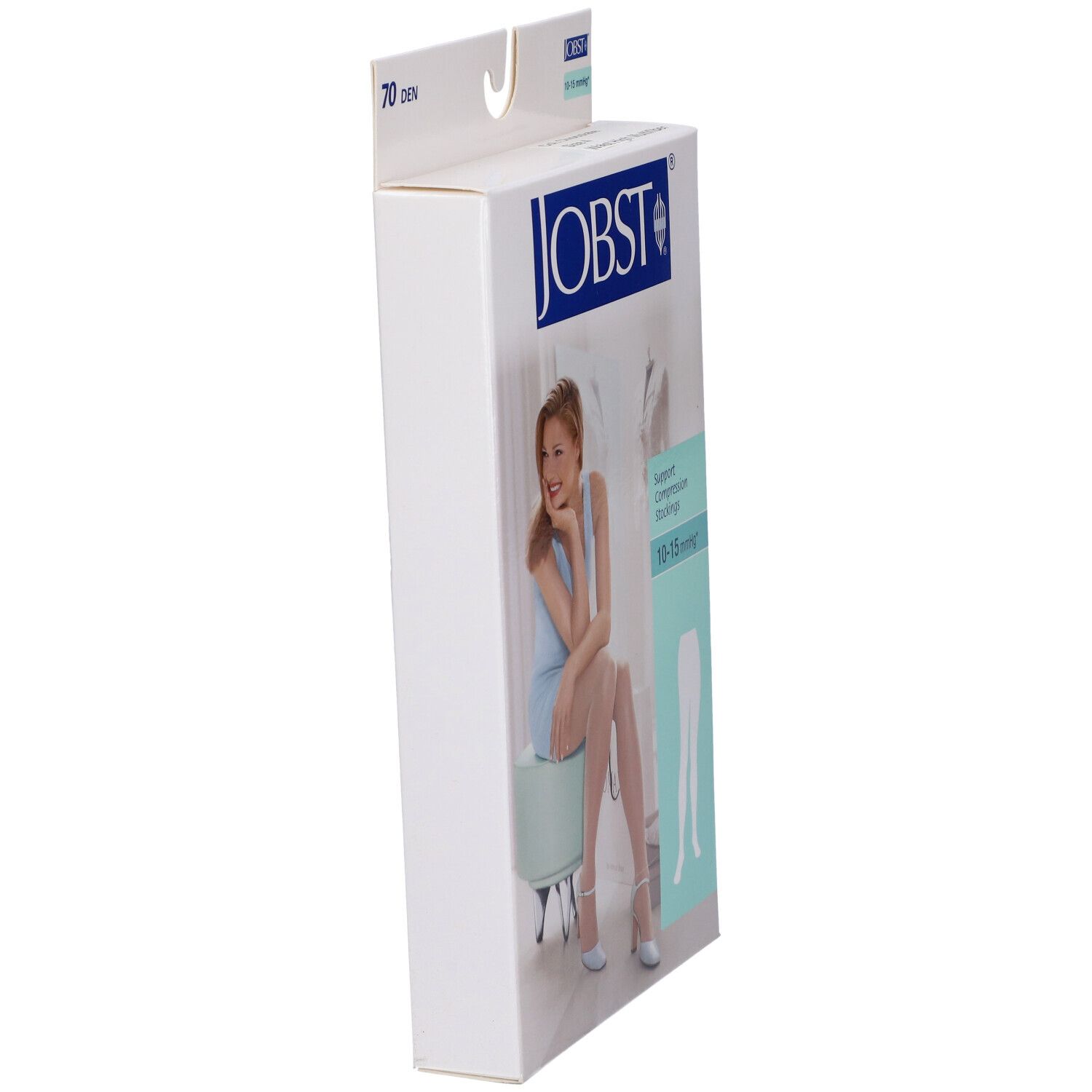 Vista laterale della confezione JOBST. Scritta: 70 DEN, 10-15 mmHg. Donna sulla confezione, indossa calze.