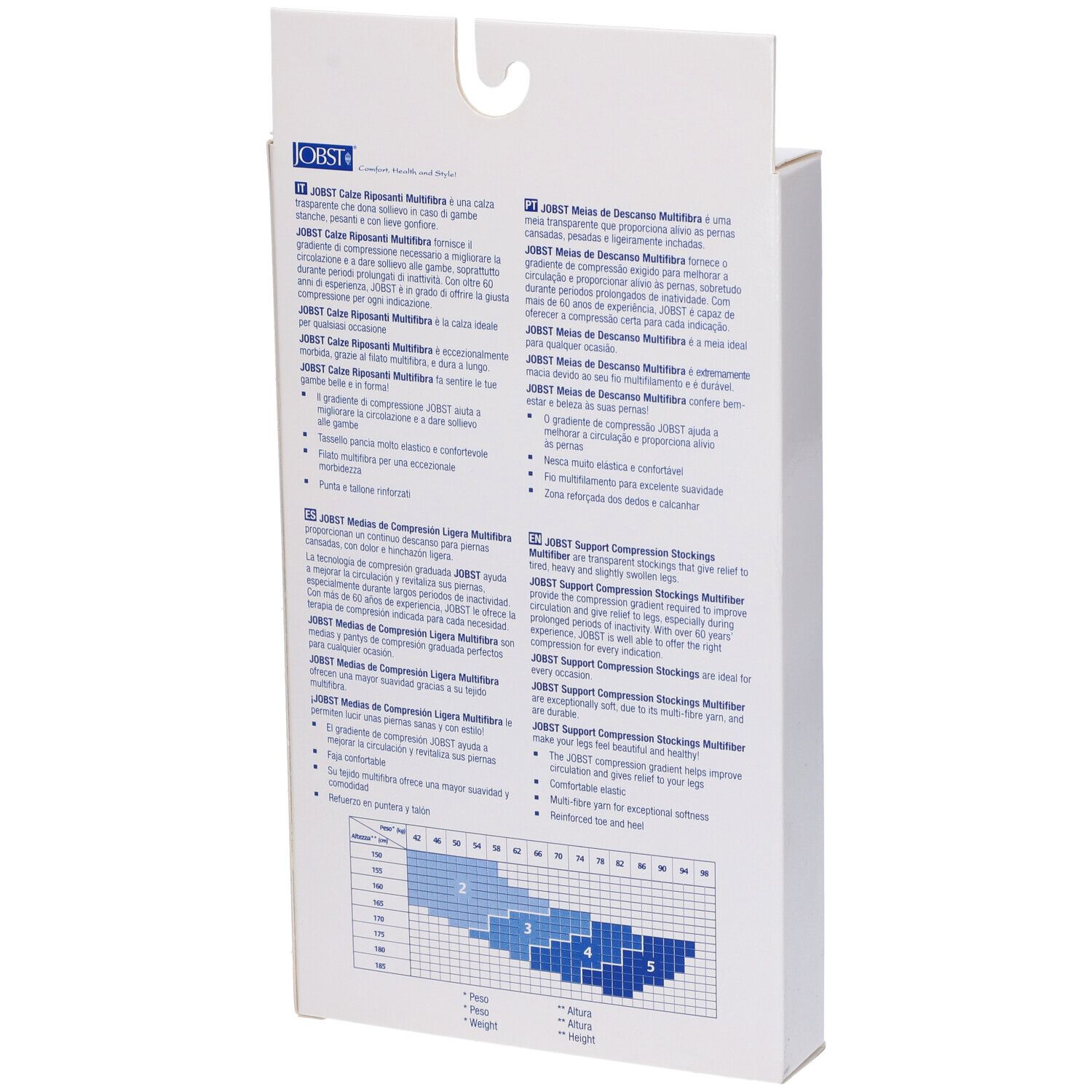 Retro della confezione JOBST. Testo multilingue. Tabella taglie per calze compressive.