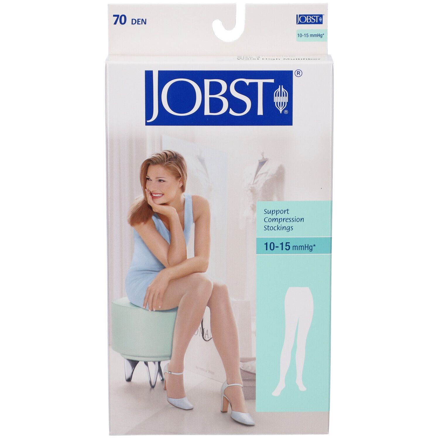 Confezione di calze compressive JOBST. Scritta: 70 DEN, 10-15 mmHg. Donna seduta su sgabello, indossa calze.