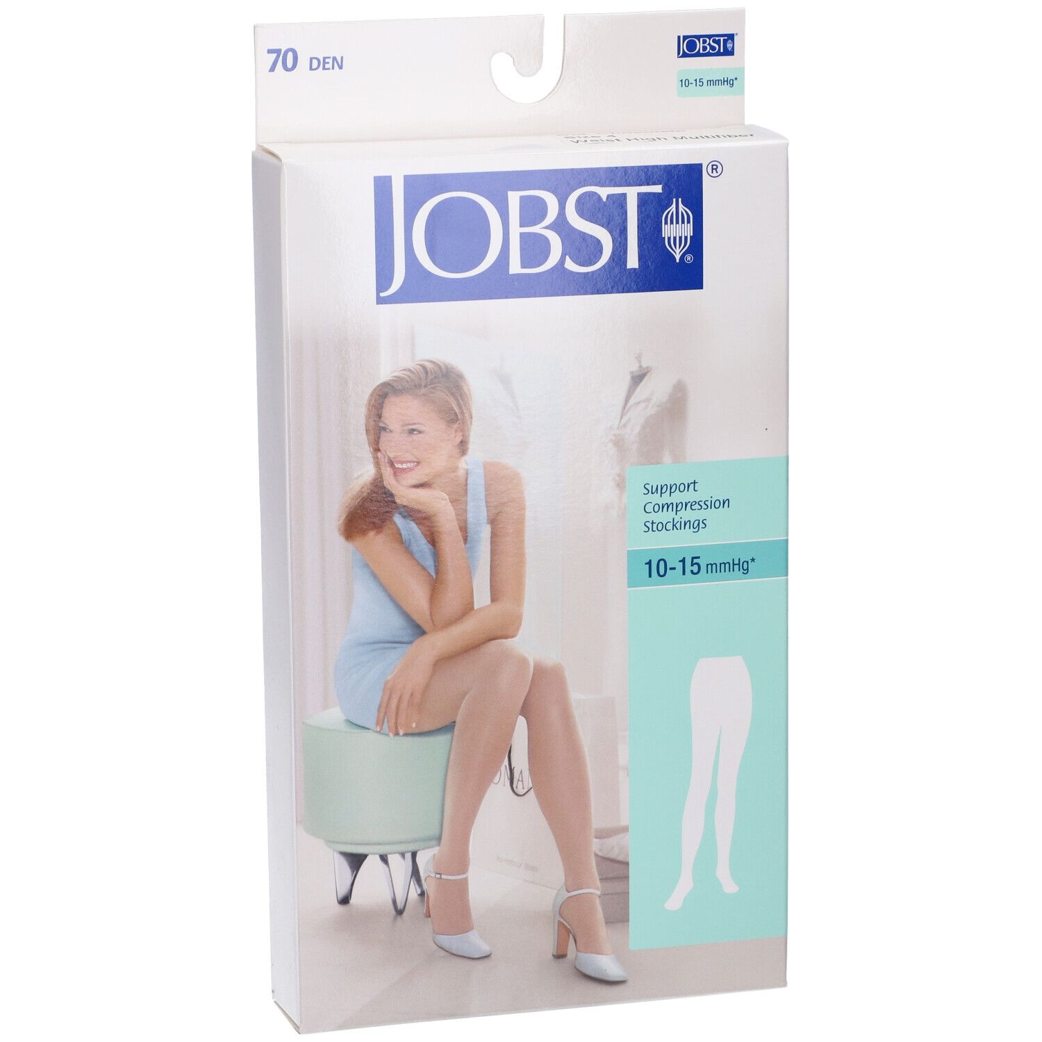 Confezione di calze compressive JOBST. Scritta: 70 DEN, 10-15 mmHg. Donna seduta su sgabello, indossa calze.