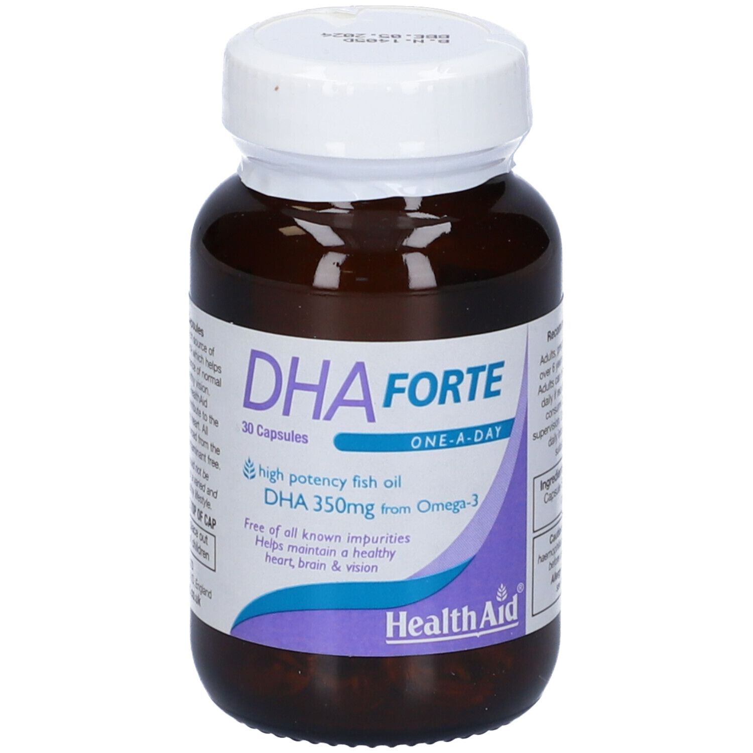Flacone marrone di capsule DHA Forte. Tappo bianco. Etichetta con informazioni sul prodotto. 30 capsule.