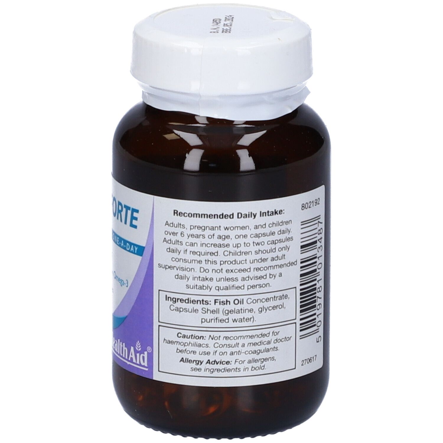 Flacone di DHA Forte. Etichetta con raccomandazioni di dosaggio e ingredienti. Flacone marrone, tappo bianco.