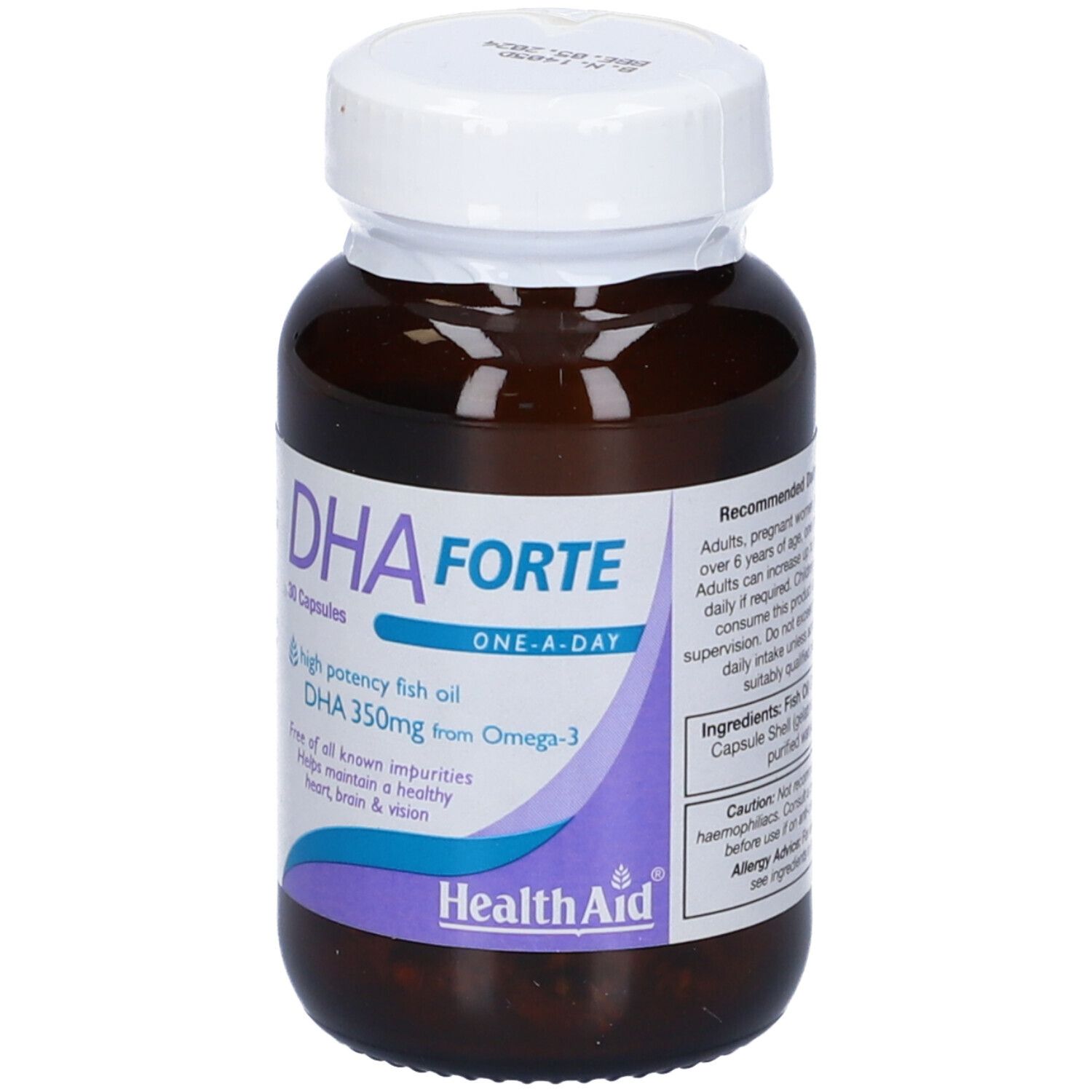 Flacone di DHA Forte. Flacone marrone, tappo bianco. Etichetta con informazioni sul prodotto. 30 capsule.