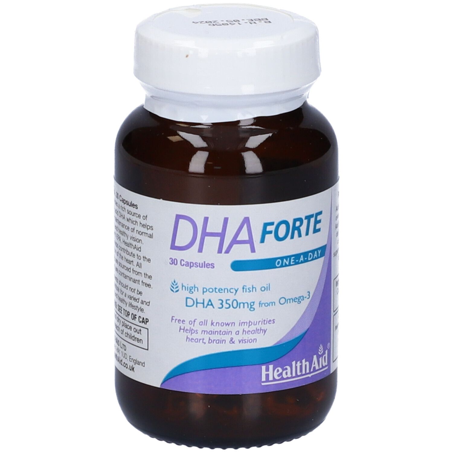 Flacone di DHA Forte. Flacone marrone, tappo bianco. Etichetta con informazioni sul prodotto. 30 capsule.