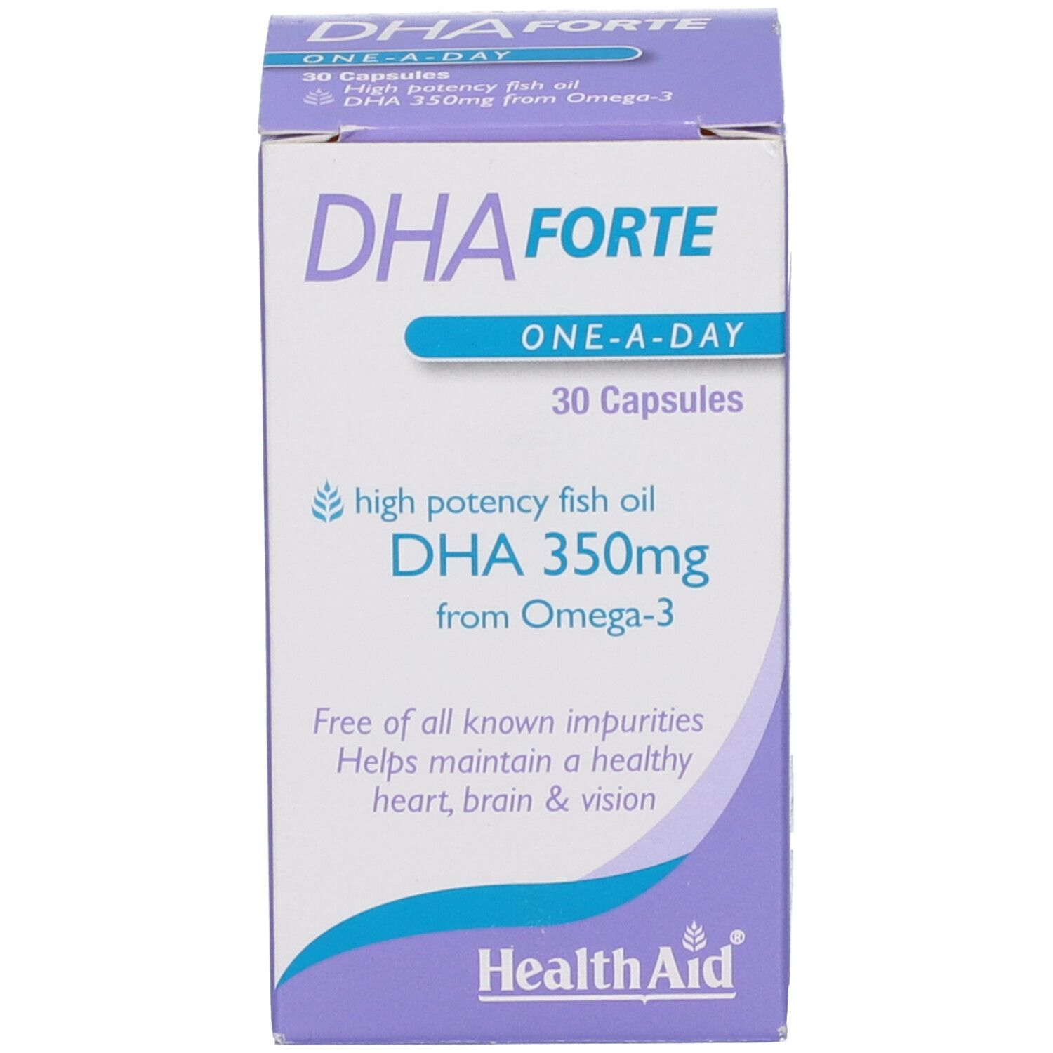 Confezione di DHA Forte. Scatola blu e bianca con nome e dettagli del prodotto. Contiene 30 capsule.