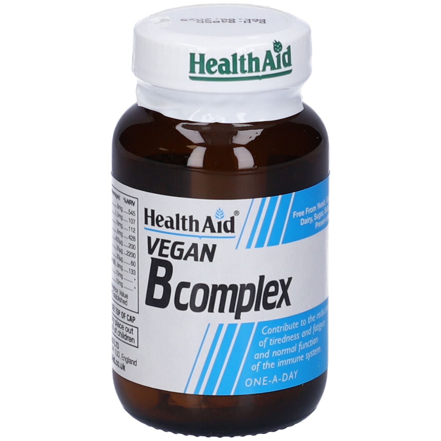 Flacone di vetro marrone, tappo bianco. HealthAid Vegan B complex. Informazioni.