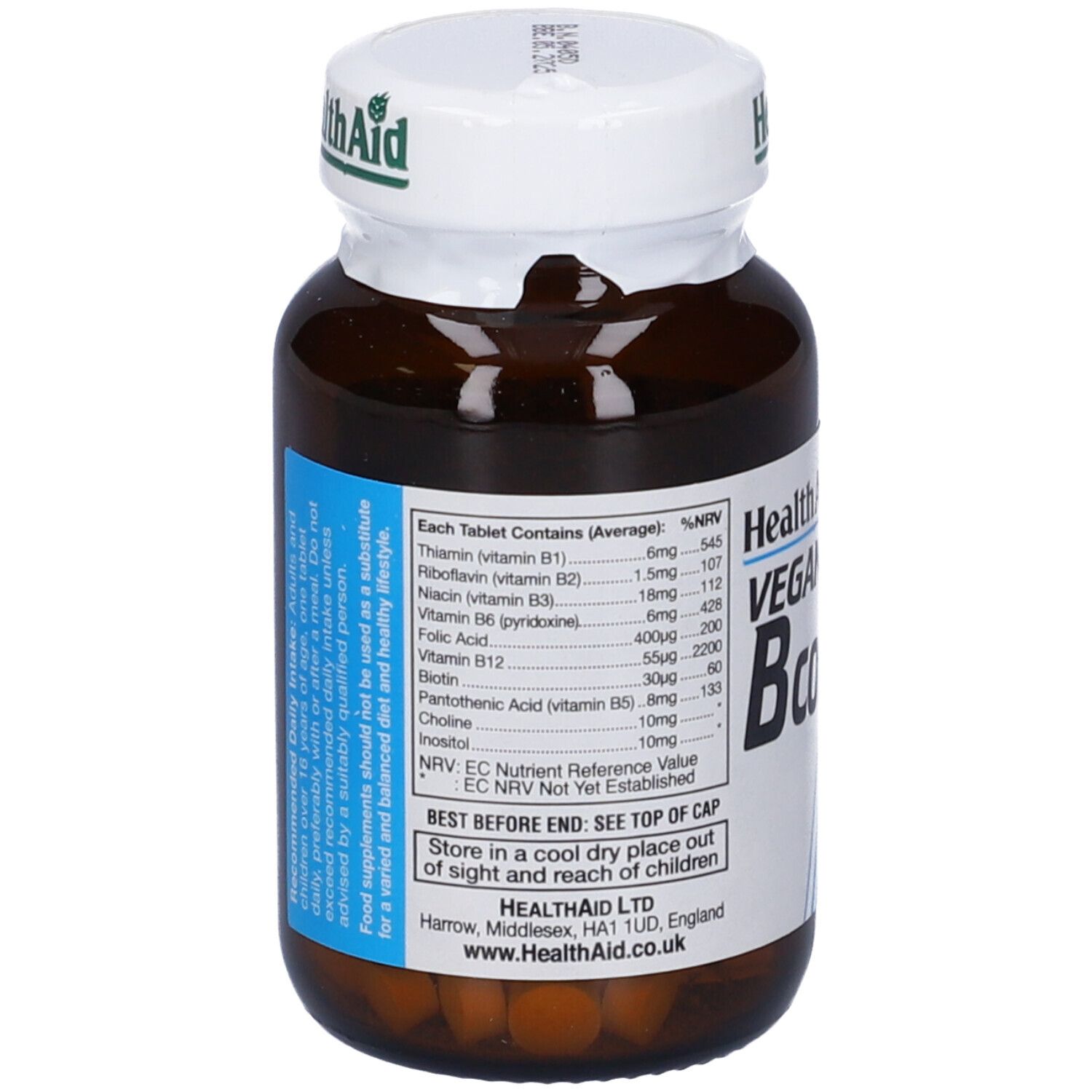 Retro del flacone marrone. HealthAid Vegan B complex. Informazioni, ingredienti.
