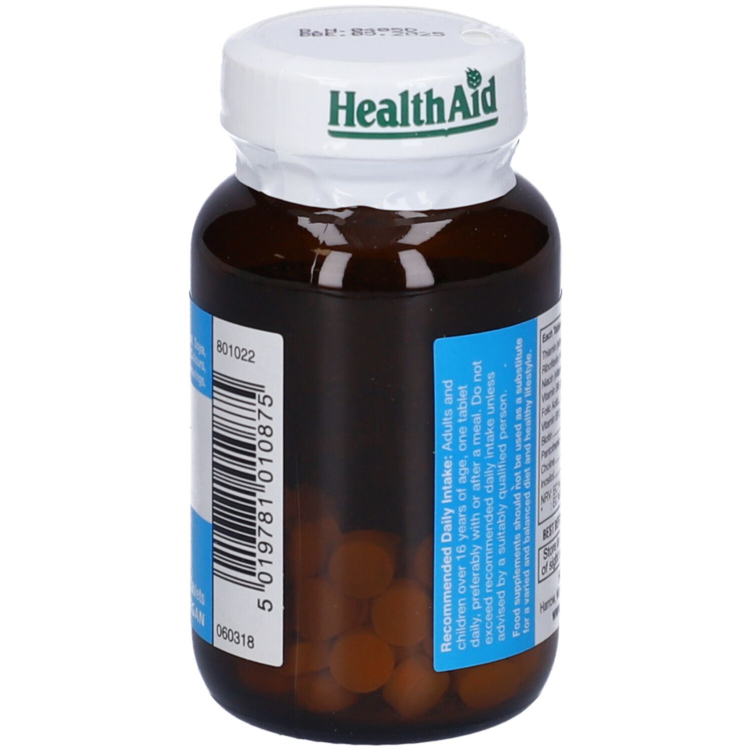 Flacone marrone, tappo bianco. HealthAid Vegan B complex. Compresse visibili.