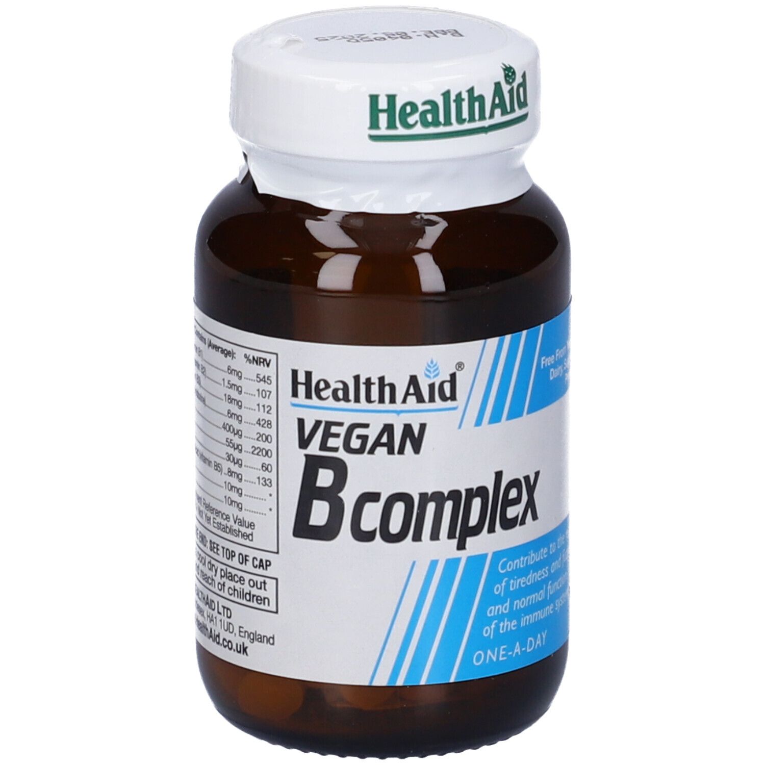 HealthAid Vegan B complex. Flacone marrone, tappo bianco. Informazioni, ingredienti.