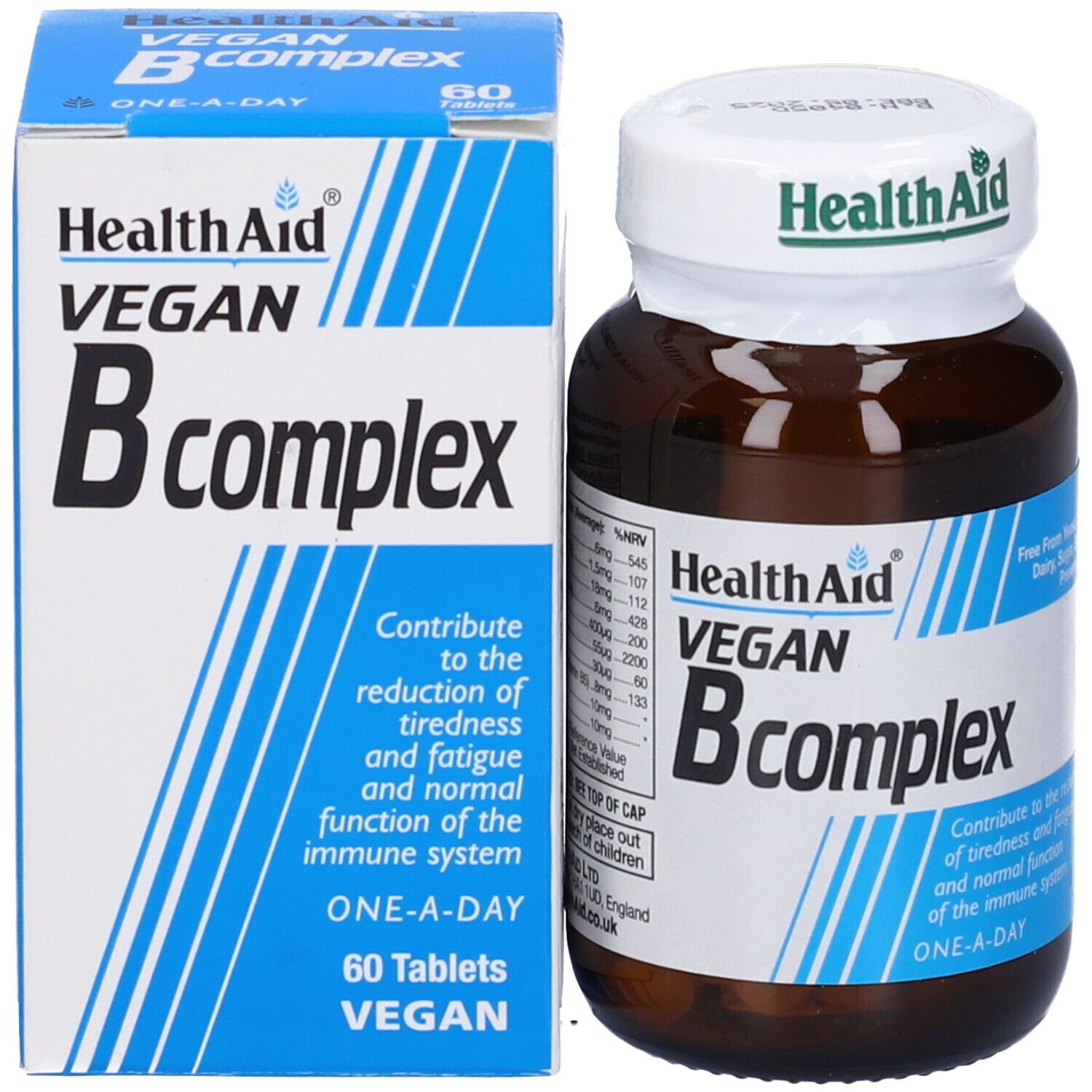 HealthAid Vegan B complex. Scatola e flacone. 60 compresse. Informazioni.