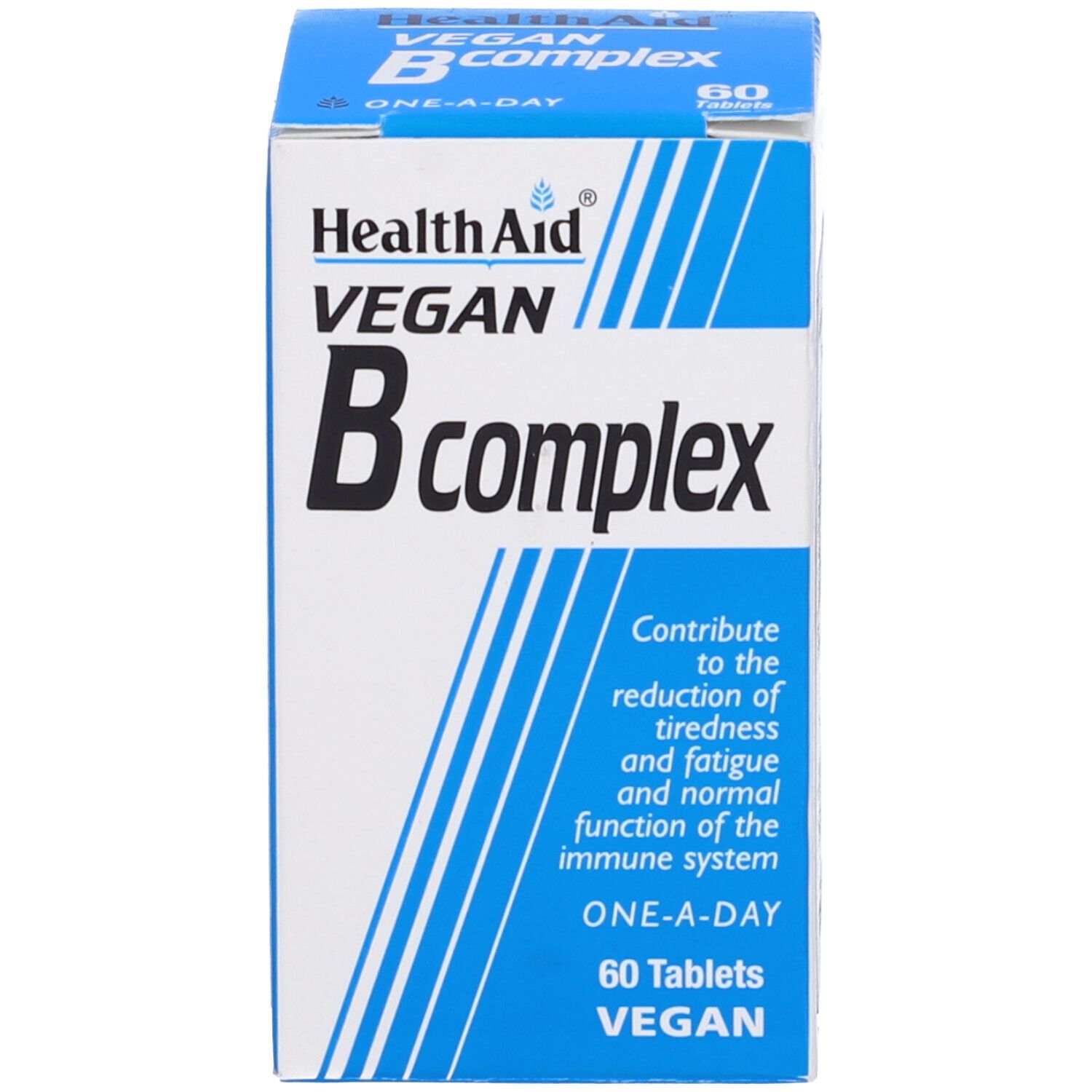 HealthAid Vegan B complex. Scatola bianca e blu. 60 compresse. Informazioni.