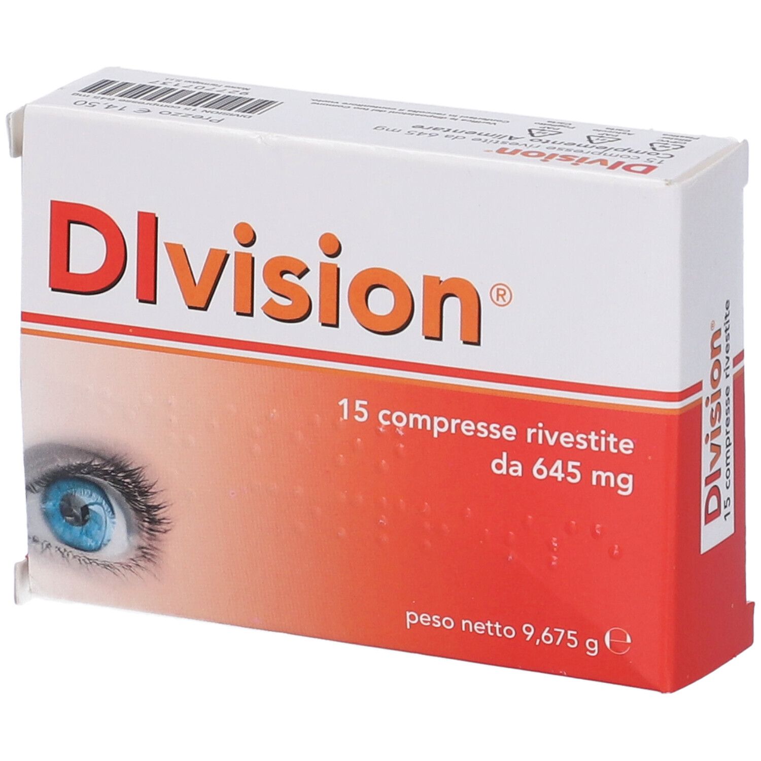 Scatola "Division" in prospettiva. Confezione rossa e bianca con nome del prodotto, informazioni e un occhio.