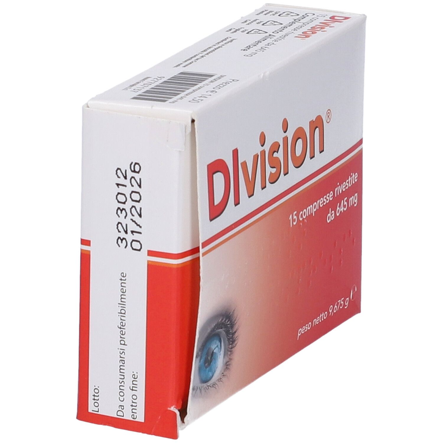 Scatola "Division" in prospettiva. Confezione rossa e bianca con nome del prodotto, informazioni e un occhio.