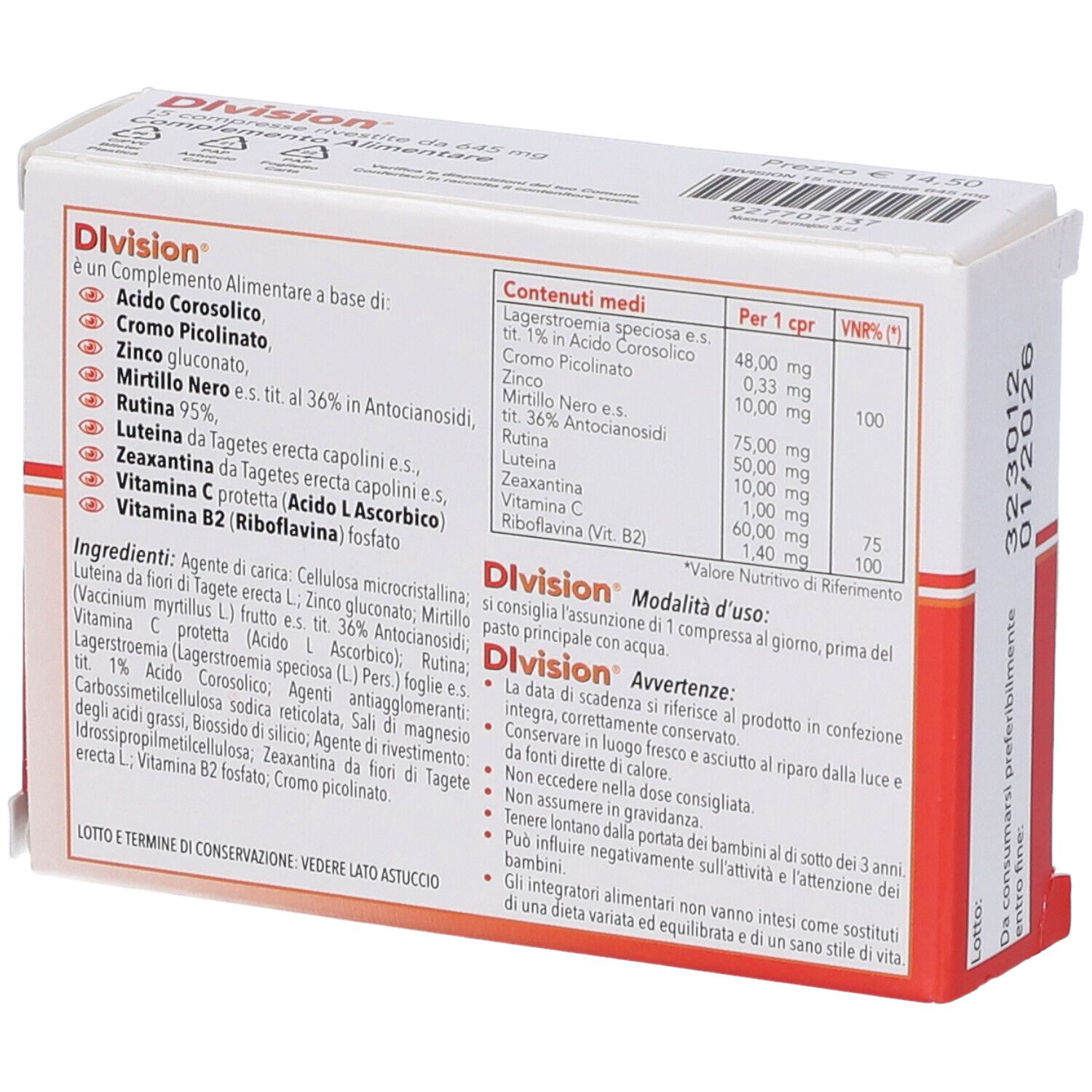 Retro della scatola "Division". Contiene ingredienti, istruzioni per l'uso e avvertenze.