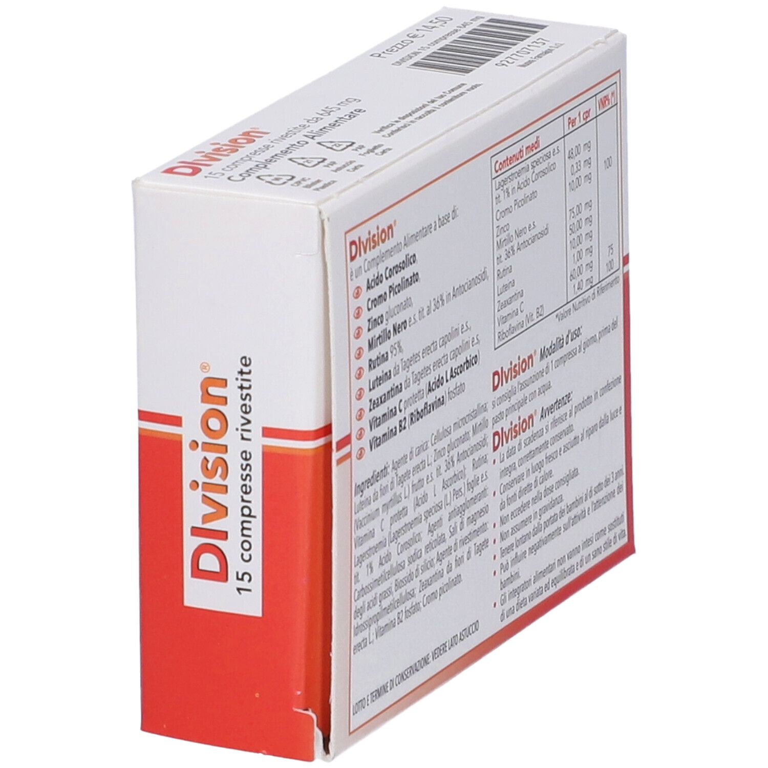 Scatola "Division" in prospettiva. Retro con ingredienti e istruzioni per l'uso.