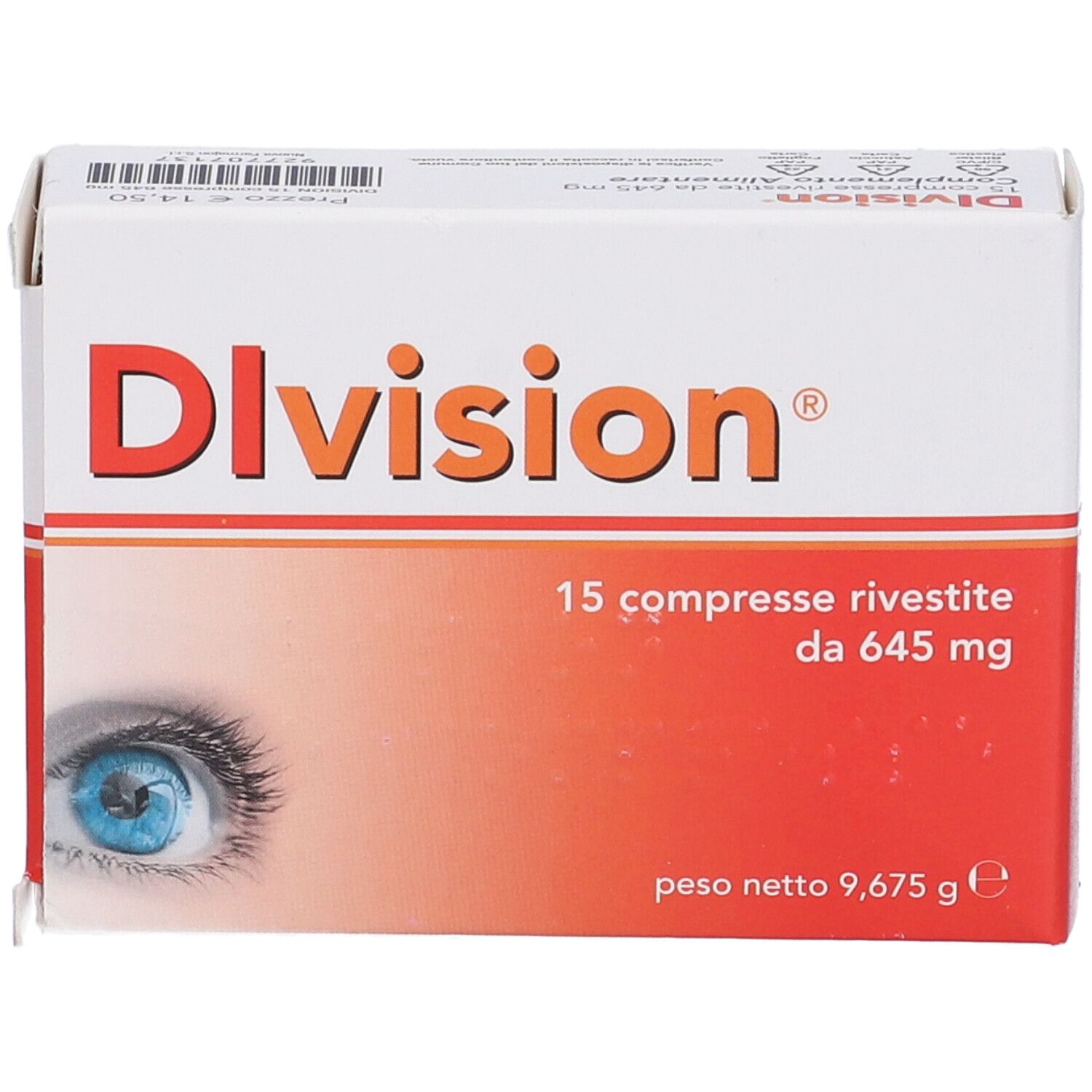 Scatola "Division". Confezione rossa e bianca con nome del prodotto, informazioni e un occhio.