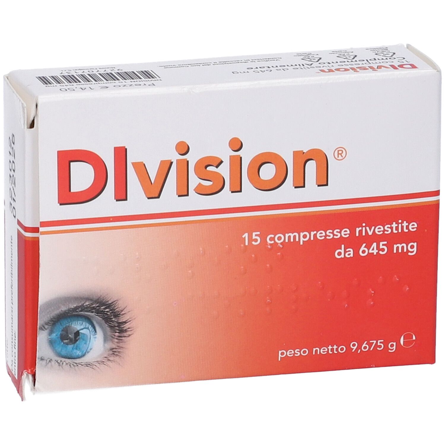 Scatola "Division". Confezione rossa e bianca con nome del prodotto, informazioni e un occhio.