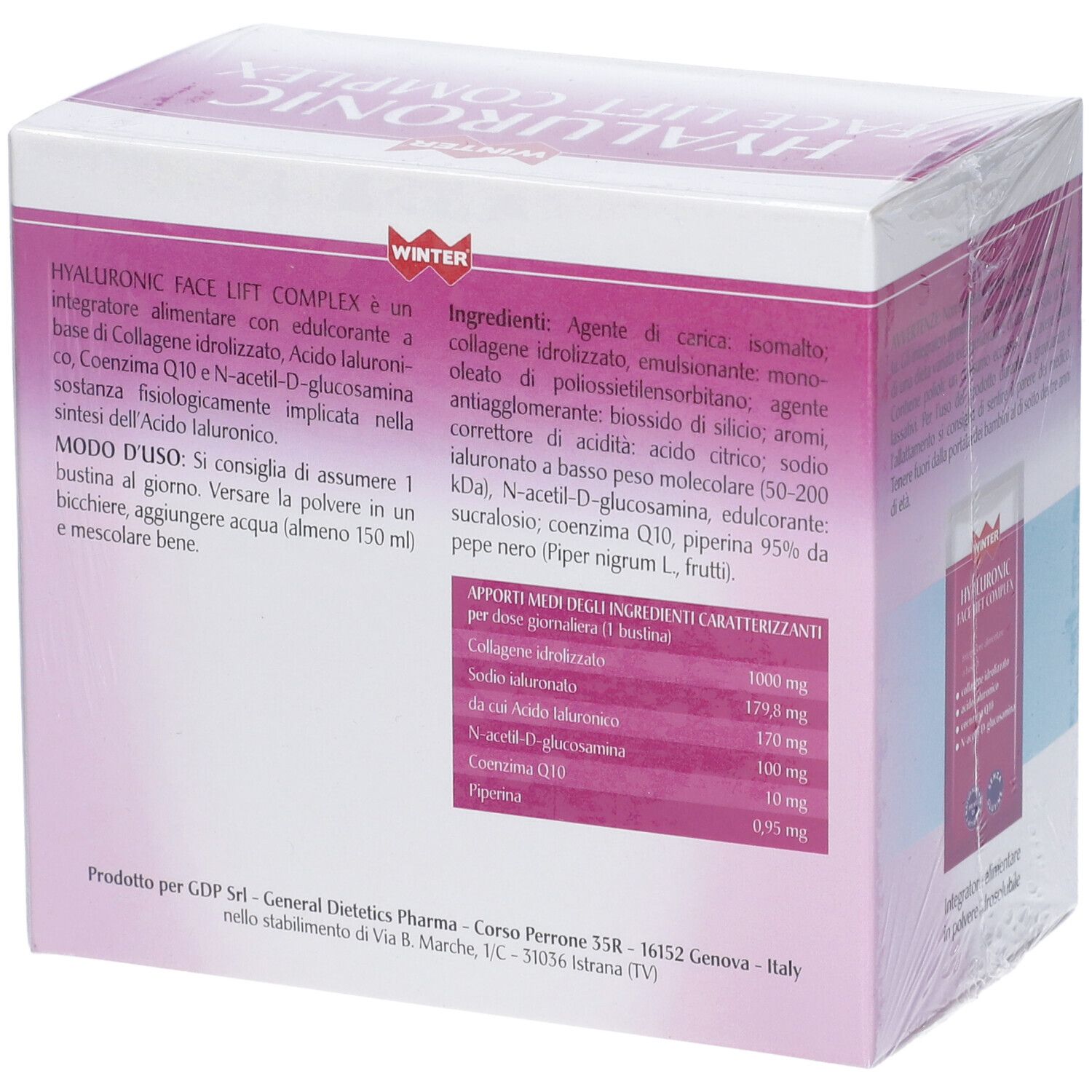 Retro della confezione Winter Hyaluronic Face Lift Complex Bustine. Contiene ingredienti e informazioni nutrizionali.