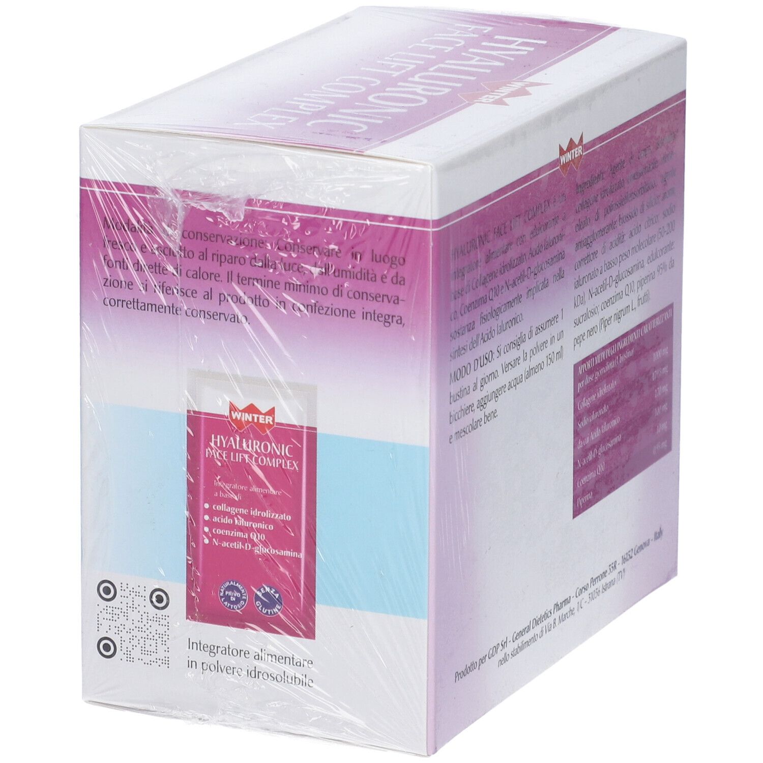 Confezione di Winter Hyaluronic Face Lift Complex Bustine. Contiene 30 bustine. Codice QR e testo.