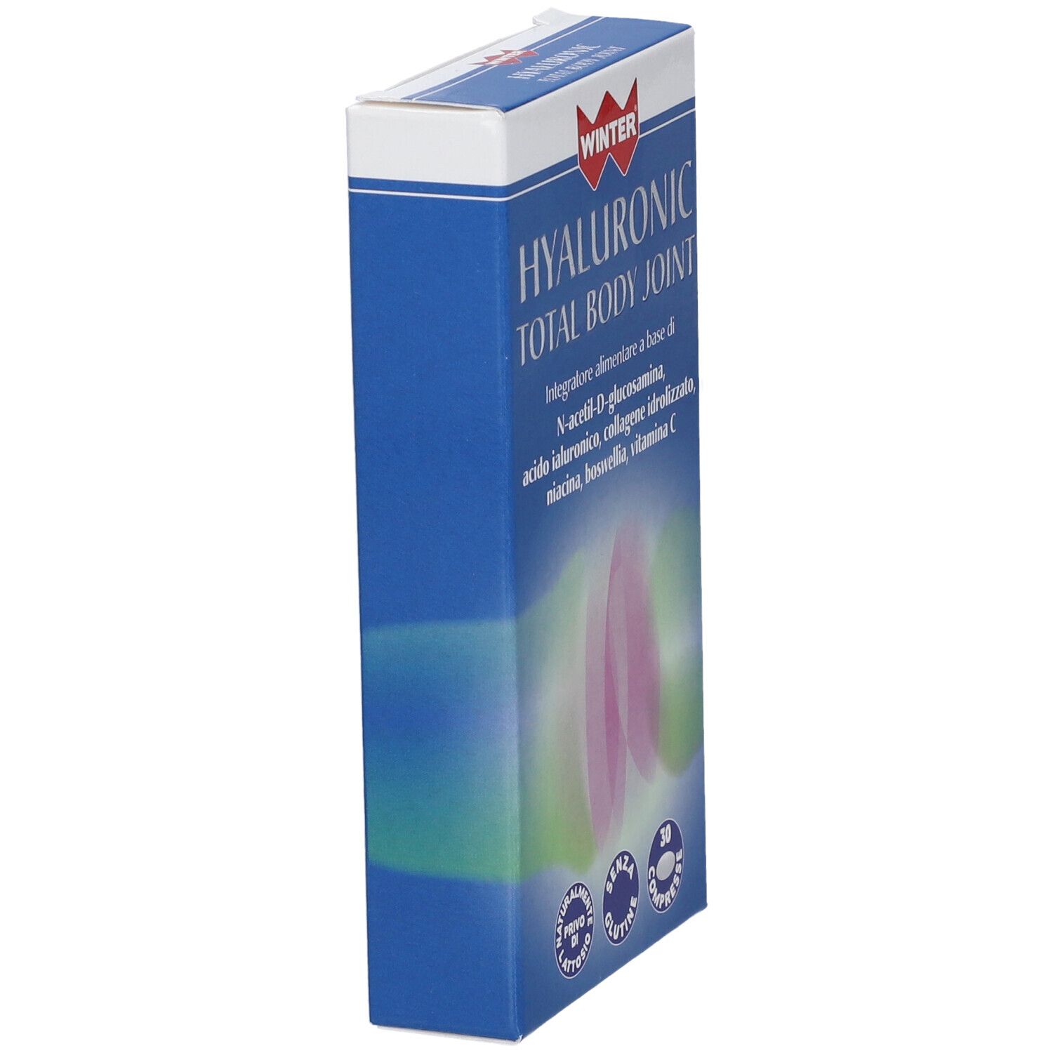 Scatola blu, vista laterale. Nome e logo del prodotto visibili. Testo: Hyaluronic Total Body Joint.