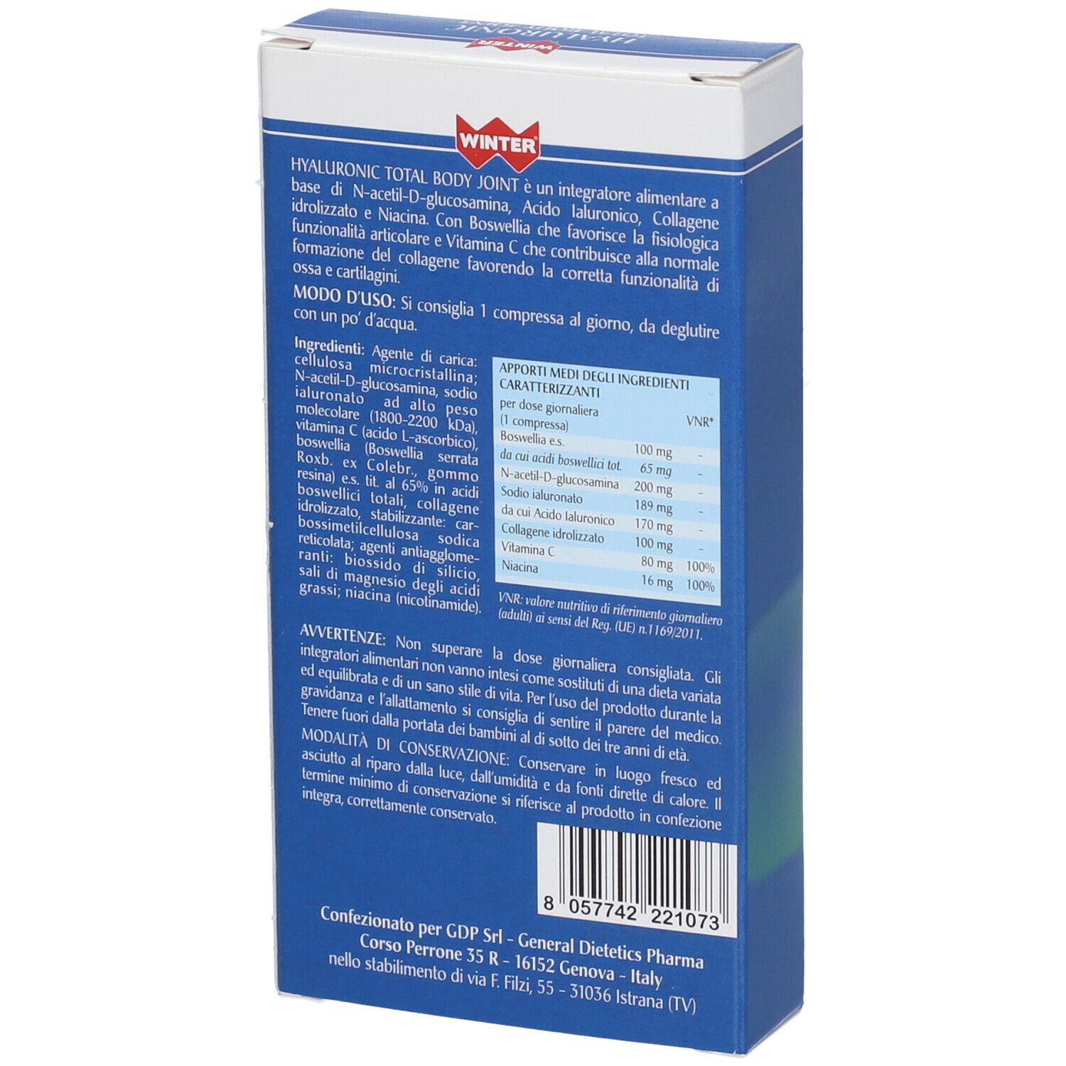 Retro della scatola blu. Contiene ingredienti e informazioni nutrizionali. Testo: Hyaluronic Total Body Joint.