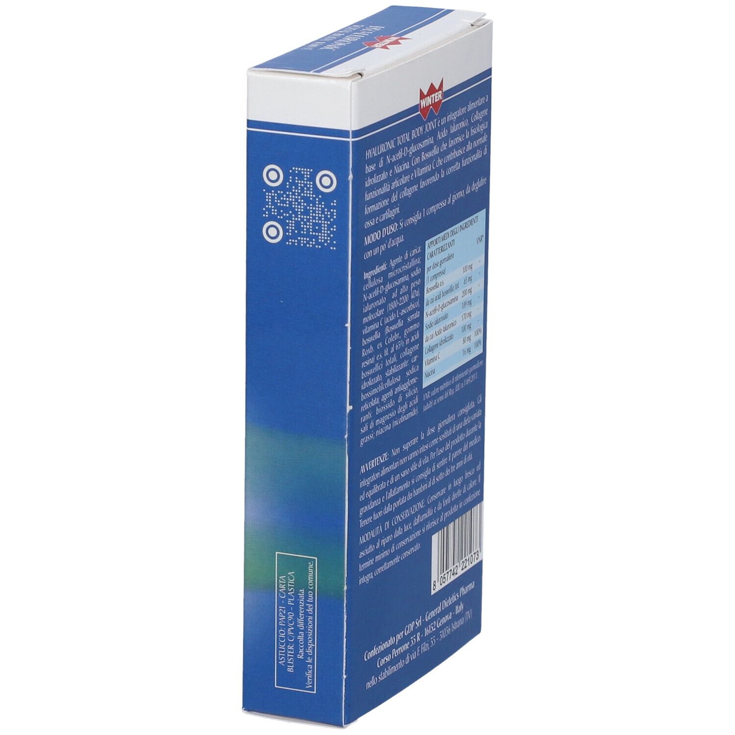 Scatola blu, vista laterale. Codice QR e testo. Testo: Hyaluronic Total Body Joint.