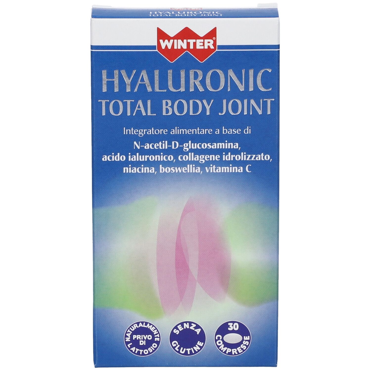 Scatola blu con nome e logo del prodotto. Contiene 30 compresse. Testo: Hyaluronic Total Body Joint.