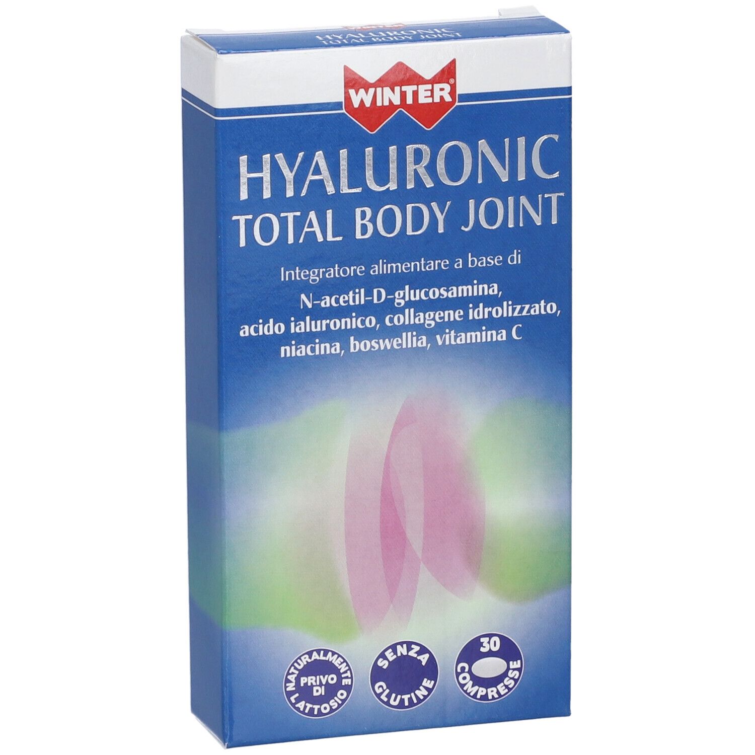 Scatola blu con nome e logo del prodotto. Contiene 30 compresse. Testo: Hyaluronic Total Body Joint.