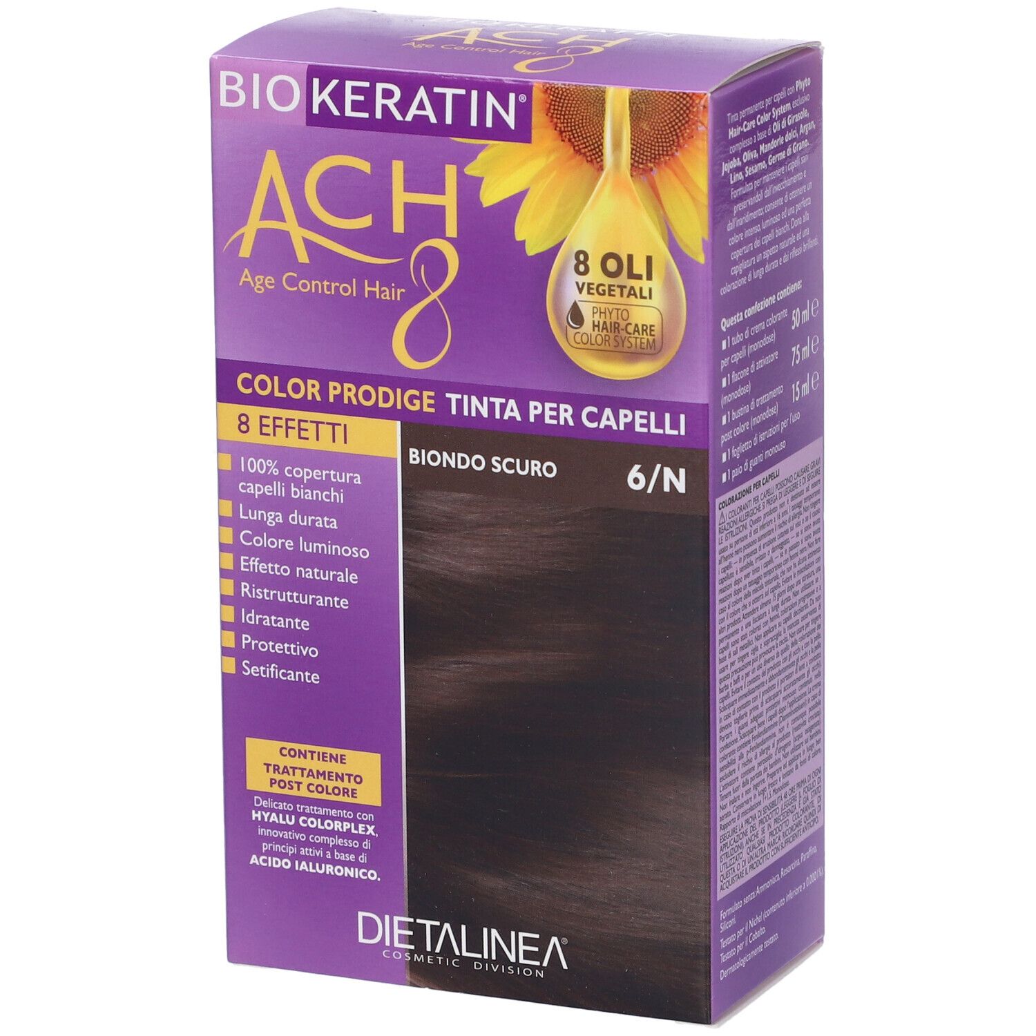 Scatola di colorazione per capelli. Contiene nome del prodotto, tonalità 'Biondo Scuro 6/N' e 8 effetti. Con illustrazione di girasole.