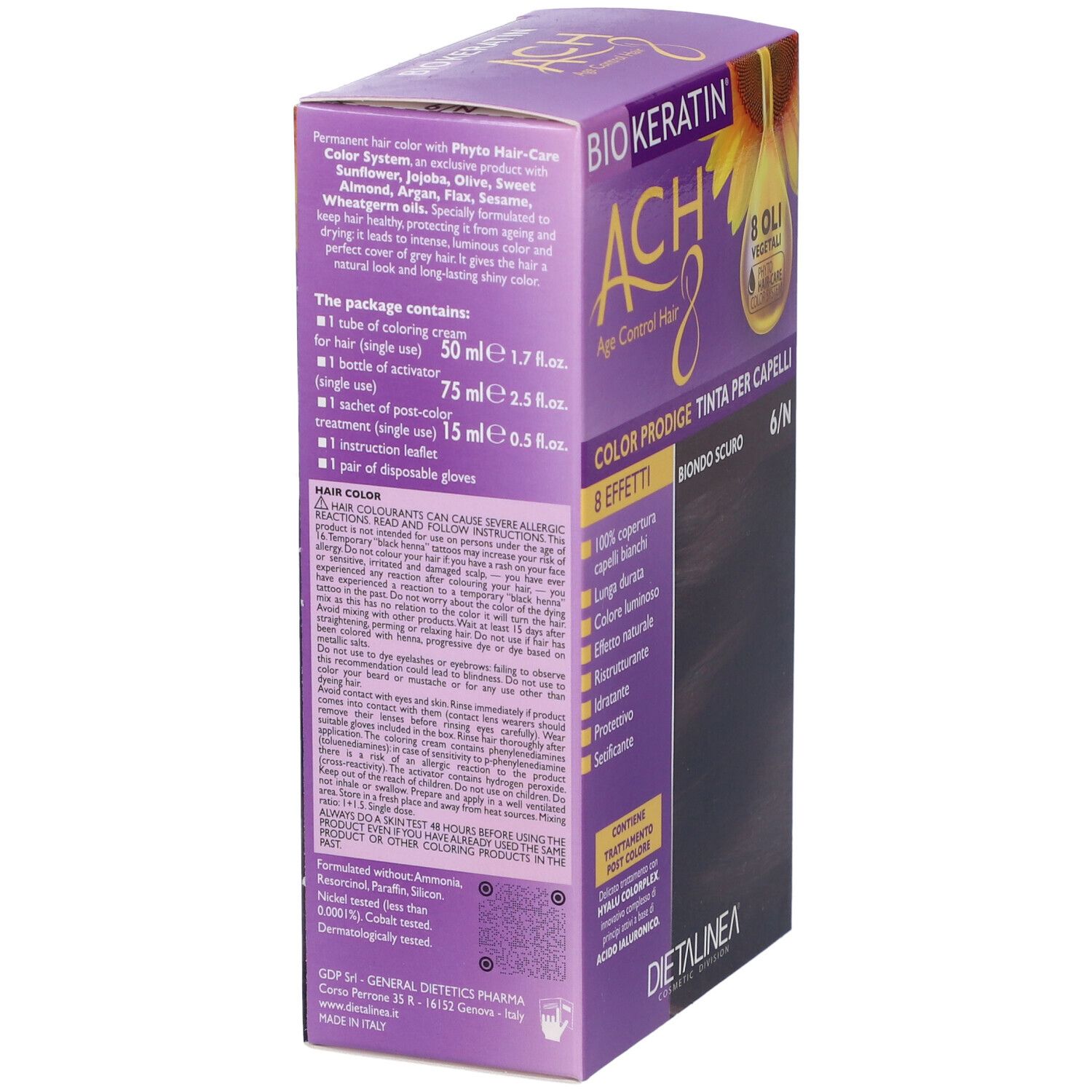 Scatola di colorazione per capelli. Retro con informazioni sul contenuto, ingredienti e istruzioni per l'uso. Con nome e dettagli del prodotto.