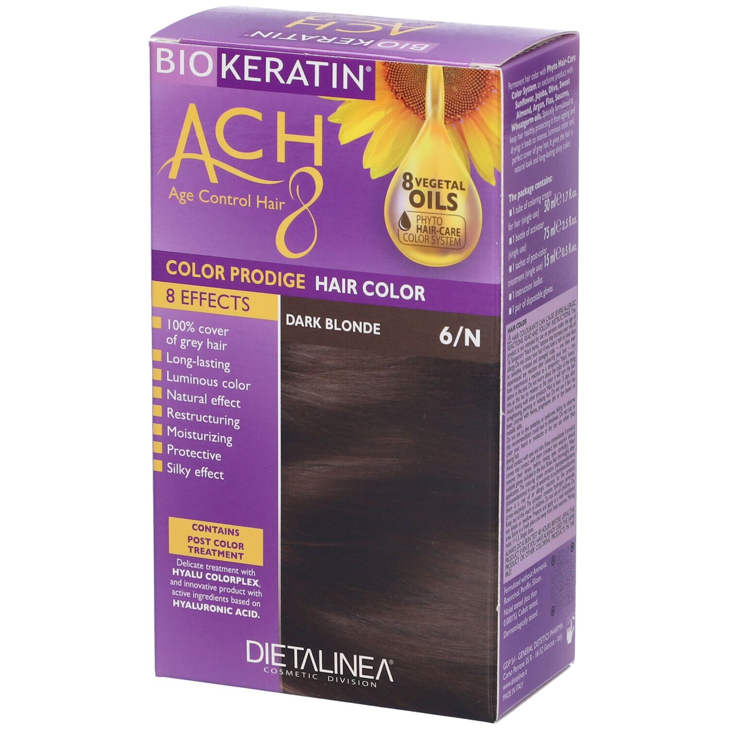 Scatola di colorazione per capelli. Contiene nome del prodotto, tonalità 'Dark Blonde 6/N' e 8 effetti. Con illustrazione di girasole.