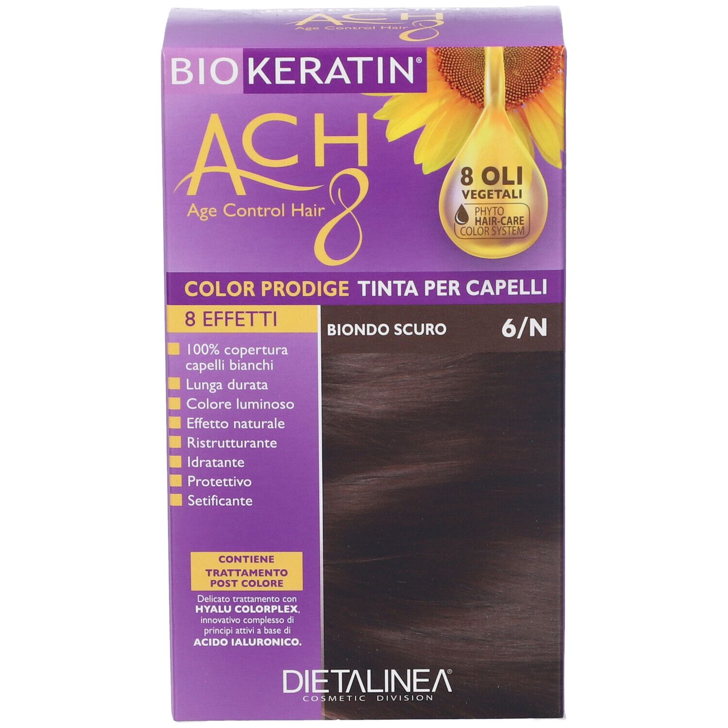 Scatola di colorazione per capelli. Contiene nome del prodotto, tonalità 'Biondo Scuro 6/N' e 8 effetti. Con illustrazione di girasole.