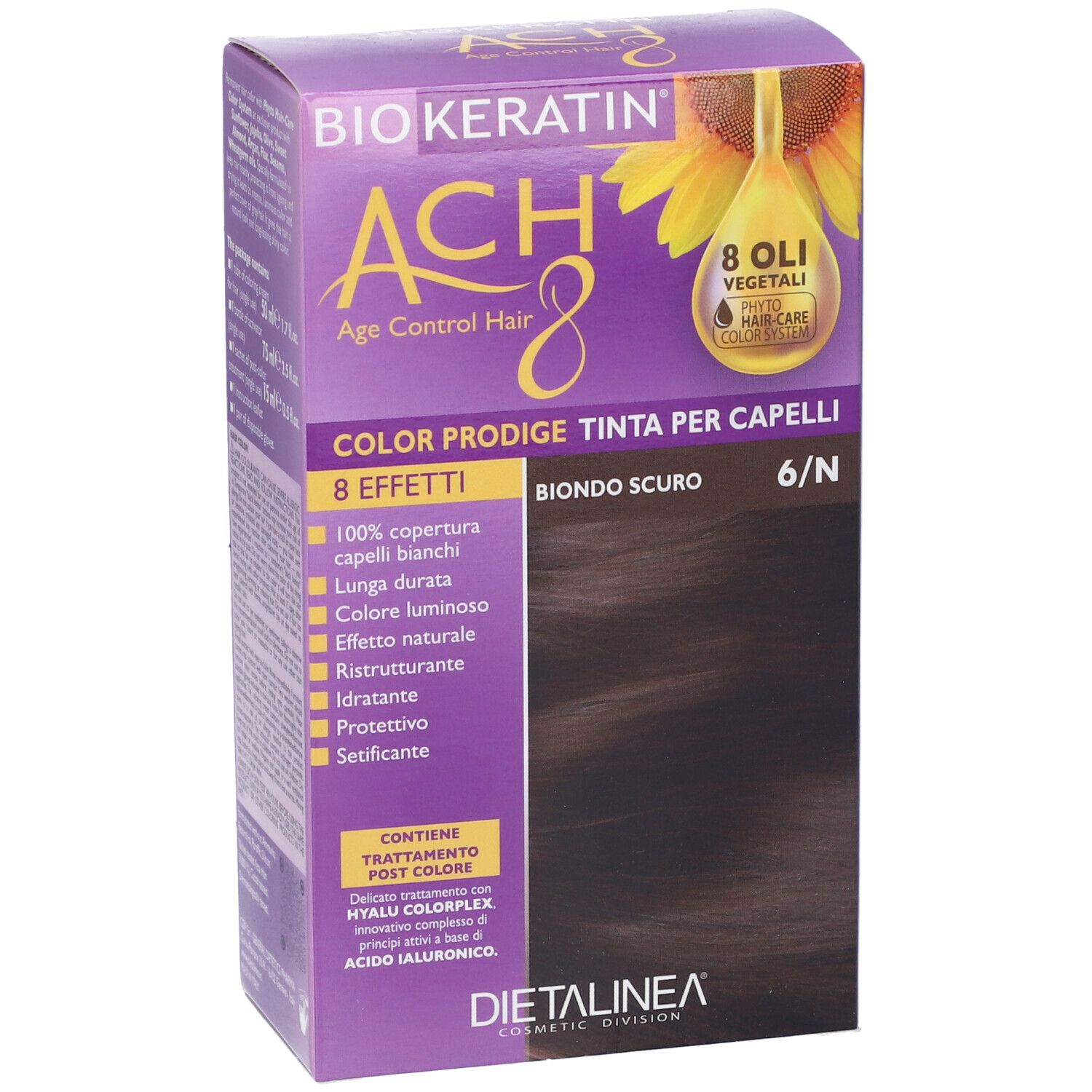 Scatola di colorazione per capelli. Contiene nome del prodotto, tonalità 'Biondo Scuro 6/N' e 8 effetti. Con illustrazione di girasole.