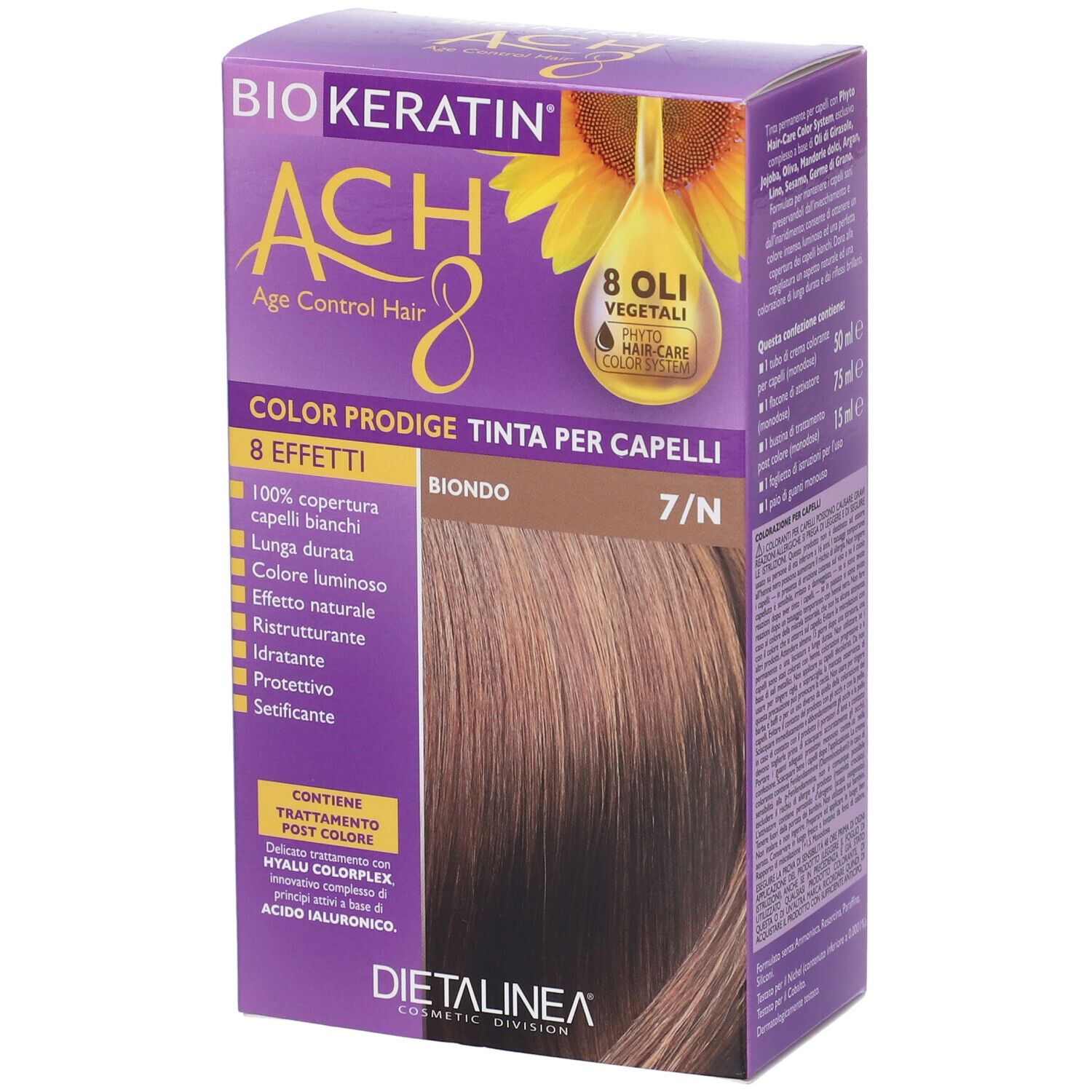 Confezione di tinta per capelli con nome del prodotto e tonalità. Mostra il colore biondo.