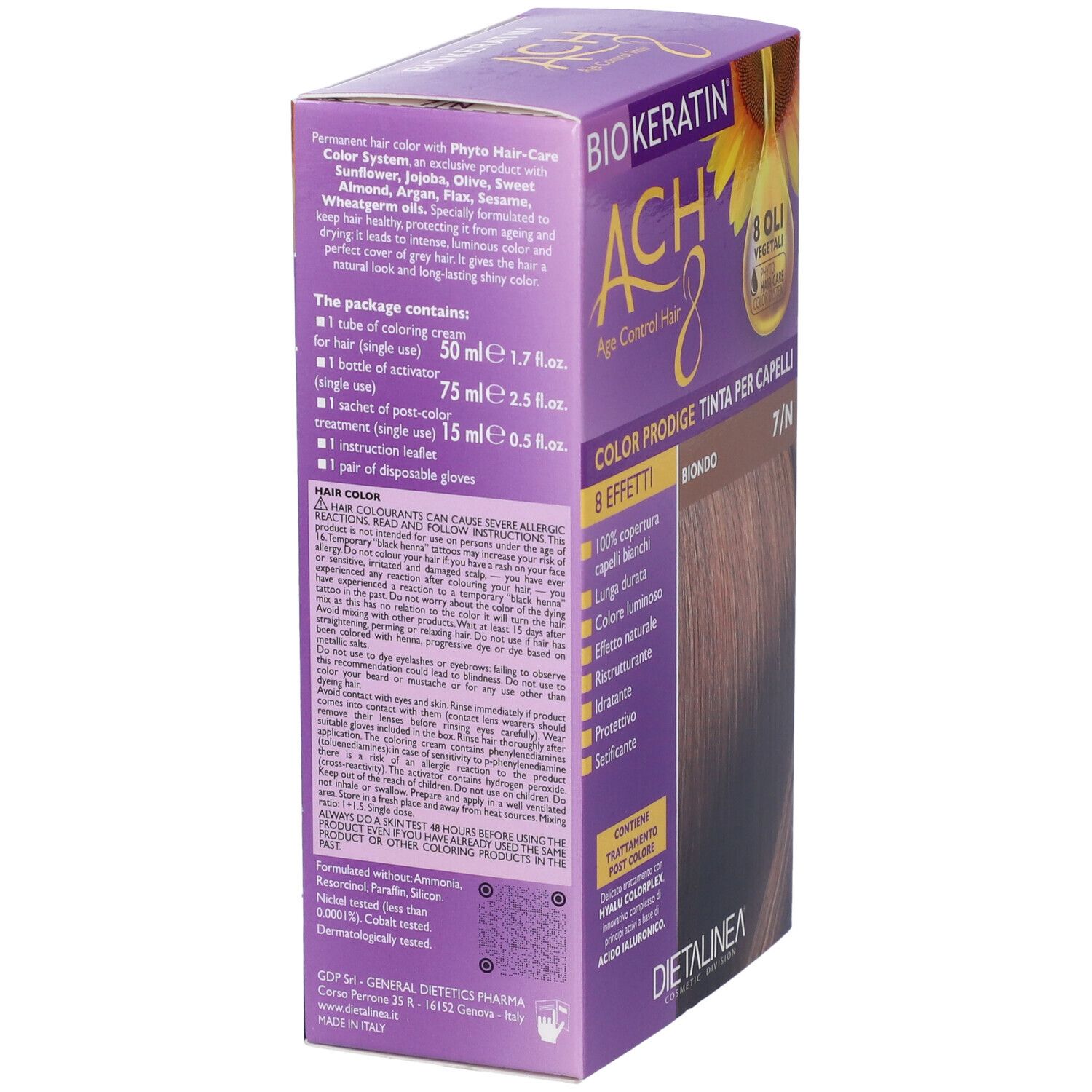 Confezione di tinta per capelli, vista laterale. Contiene informazioni sul prodotto e ingredienti.