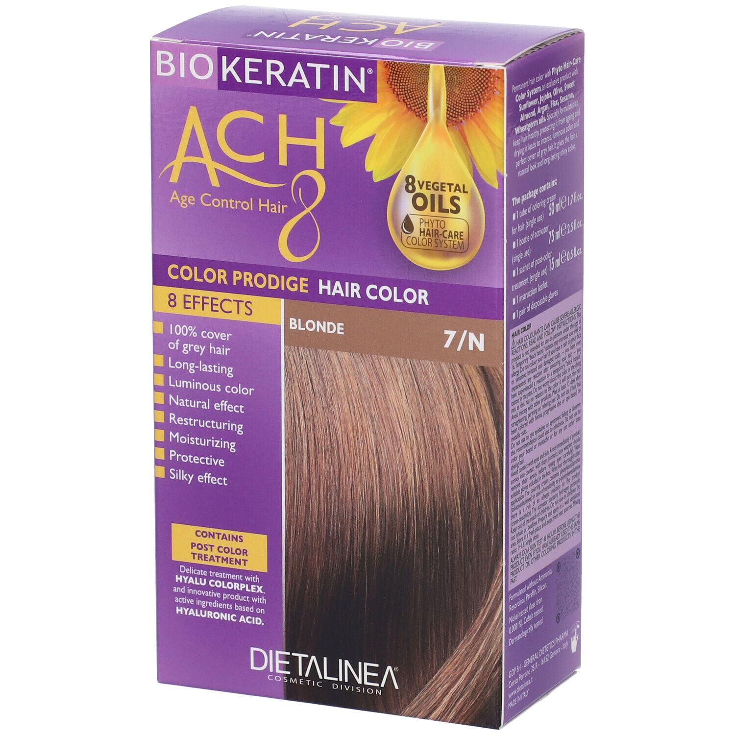 Confezione di tinta per capelli con nome del prodotto e tonalità. Mostra il colore biondo.