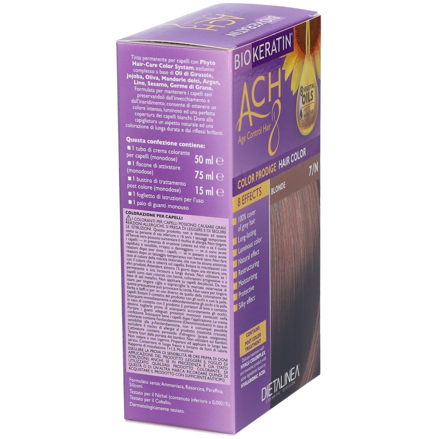 Confezione di tinta per capelli, vista posteriore. Contiene informazioni sul prodotto e ingredienti.